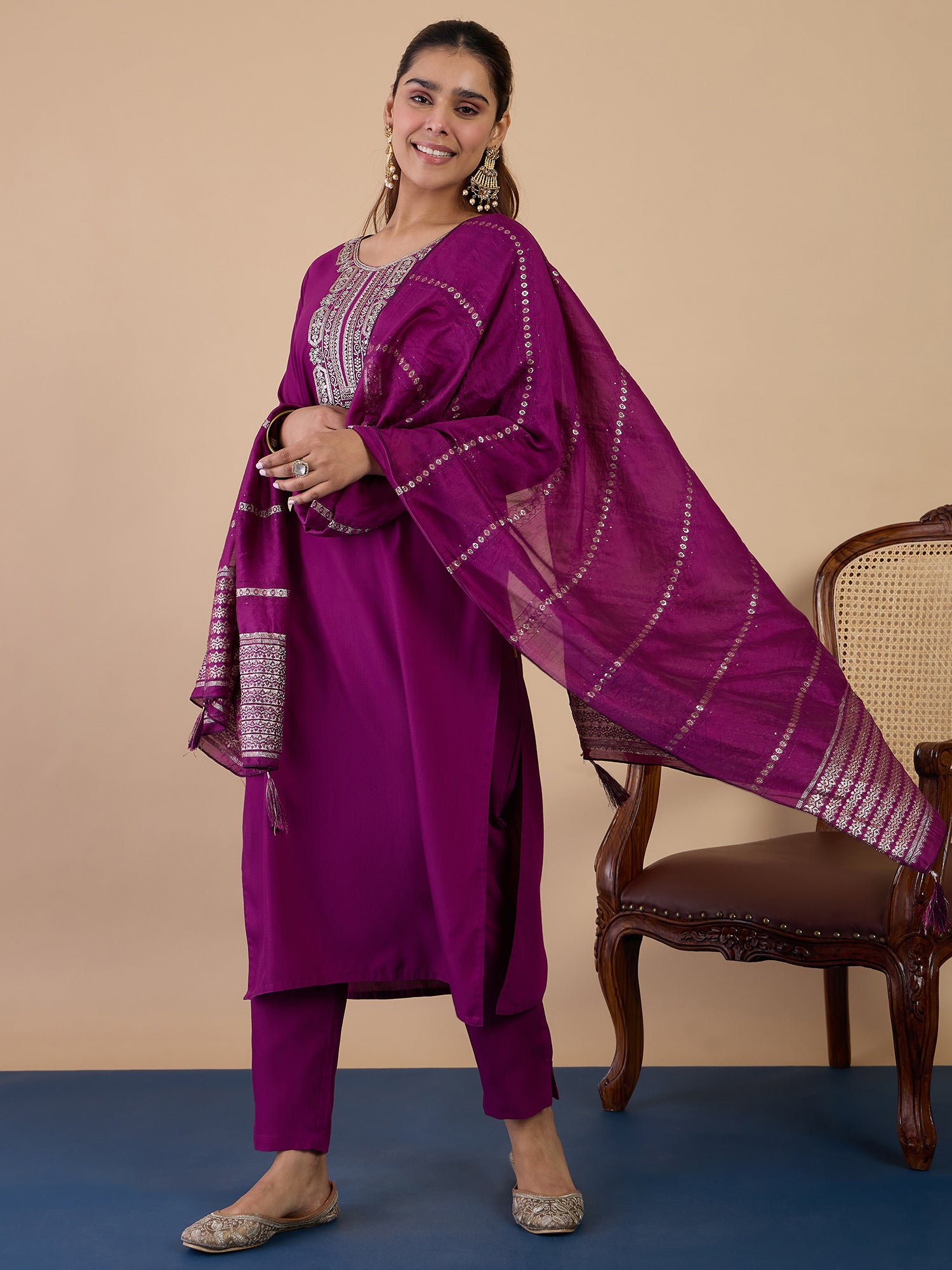 Dia Women's Purple Festive Embroidered Yoke Straight Kurta Pant Set