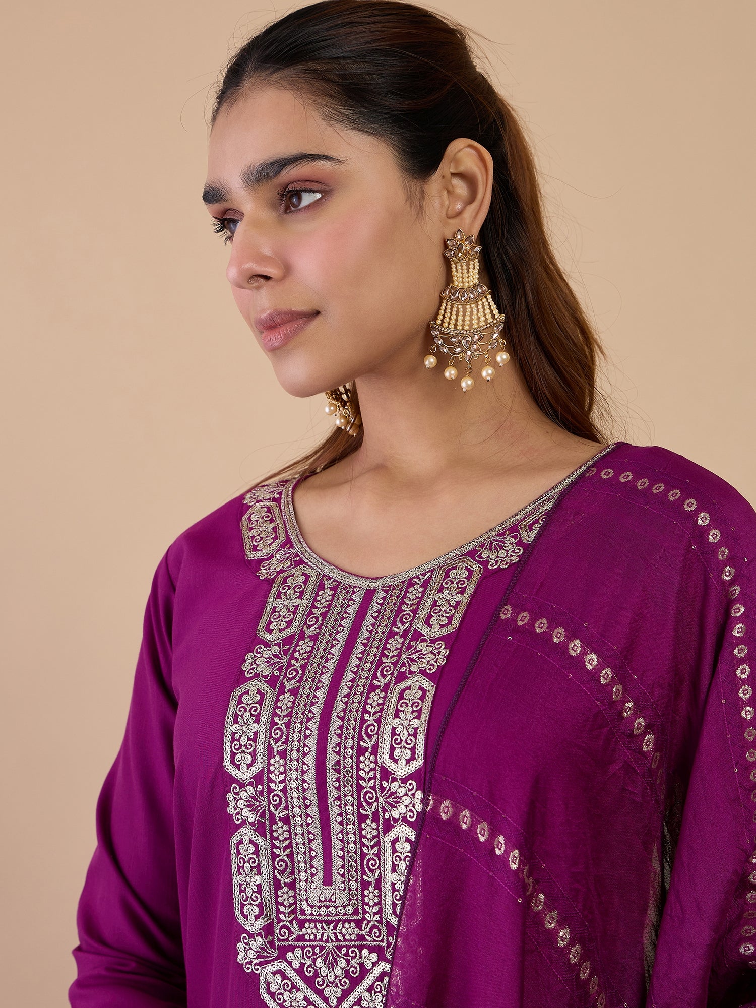 Dia Women's Purple Festive Embroidered Yoke Straight Kurta Pant Set