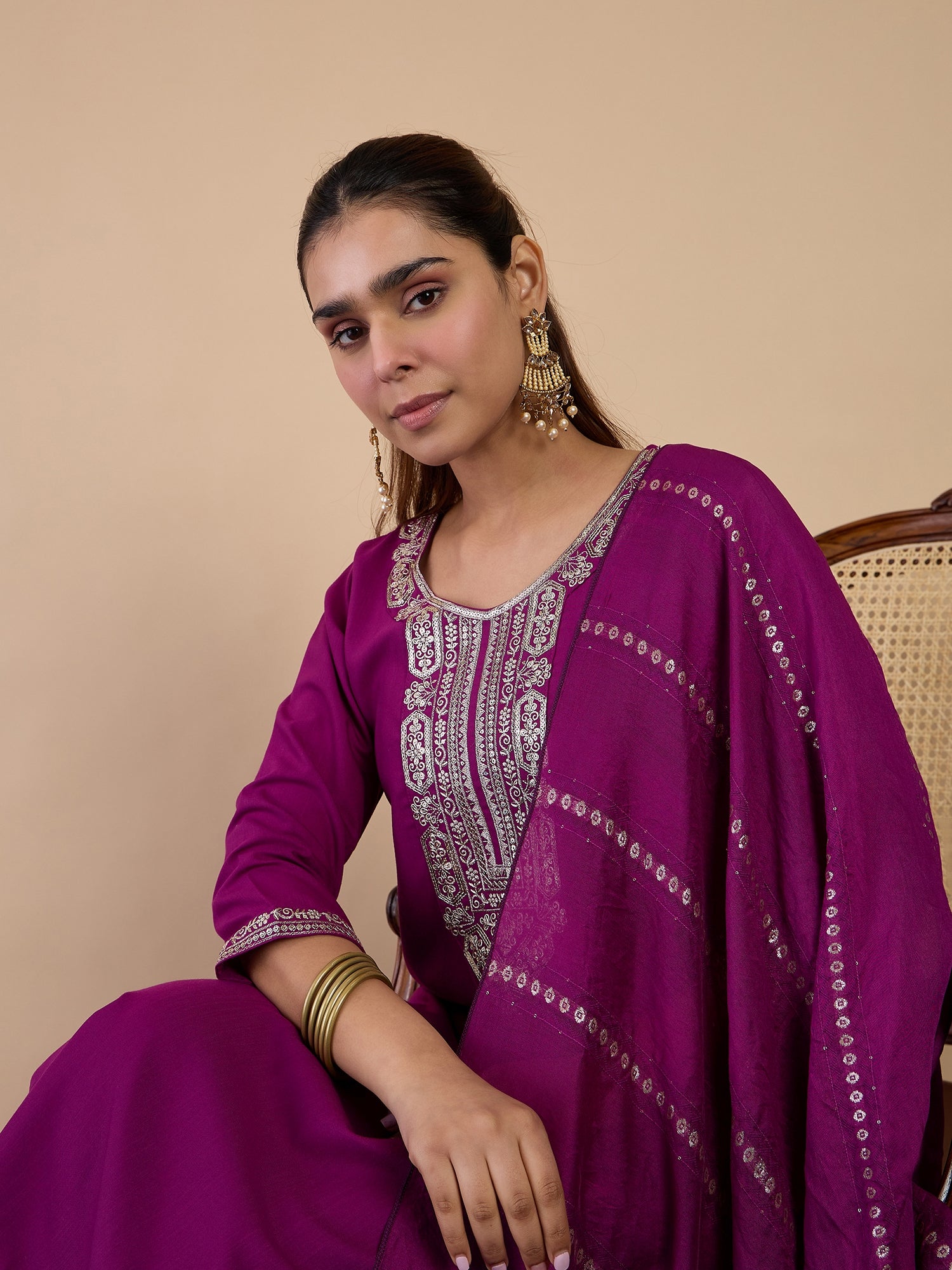 Dia Women's Purple Festive Embroidered Yoke Straight Kurta Pant Set