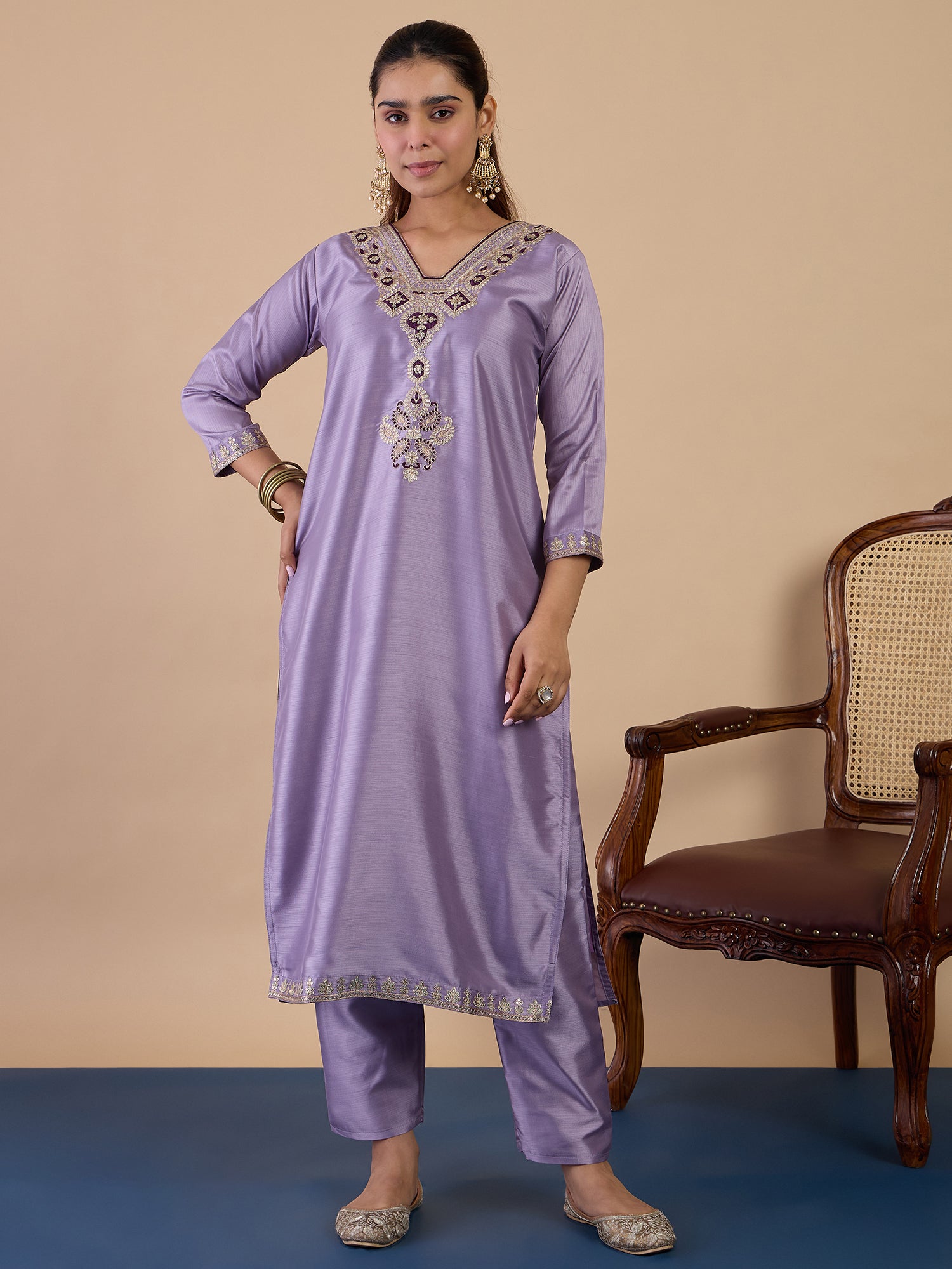 Khushi Women's Lavender Festive Embroidered Yoke Straight Kurta Pant Set