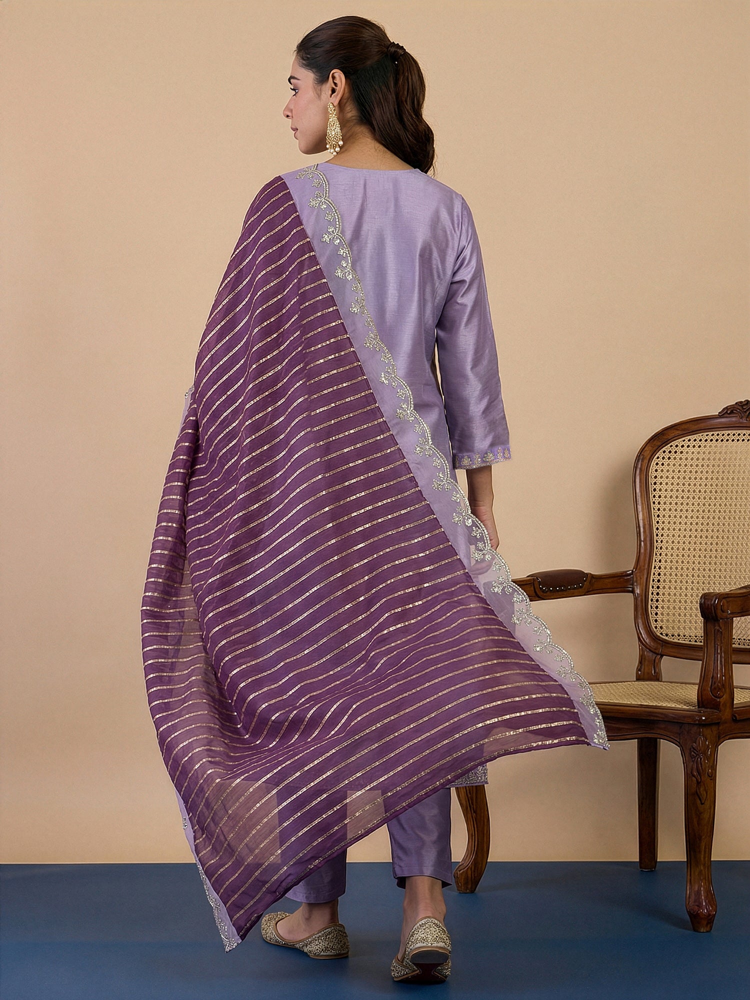 Khushi Women's Lavender Festive Embroidered Yoke Straight Kurta Pant Set