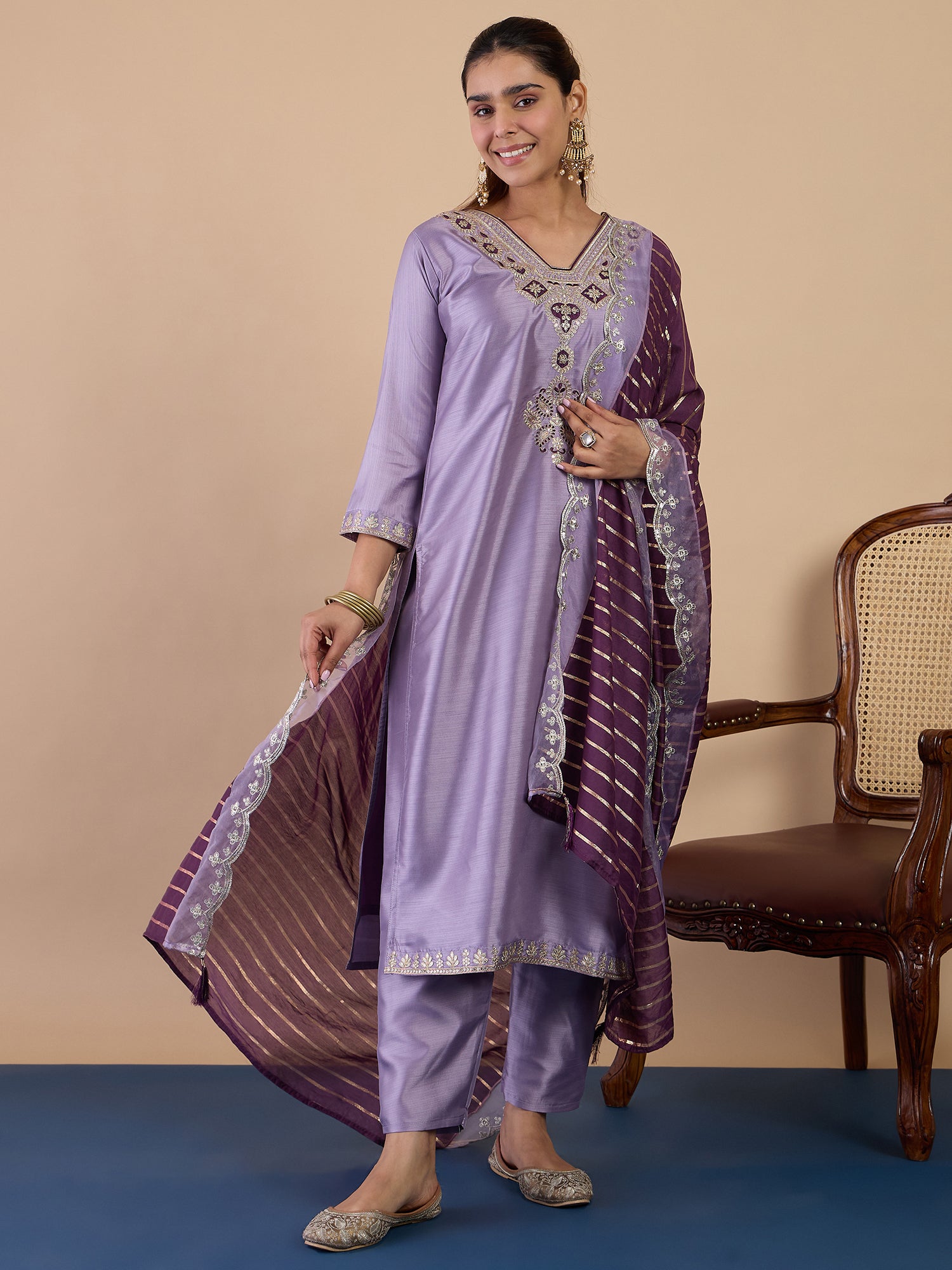 Khushi Women's Lavender Festive Embroidered Yoke Straight Kurta Pant Set