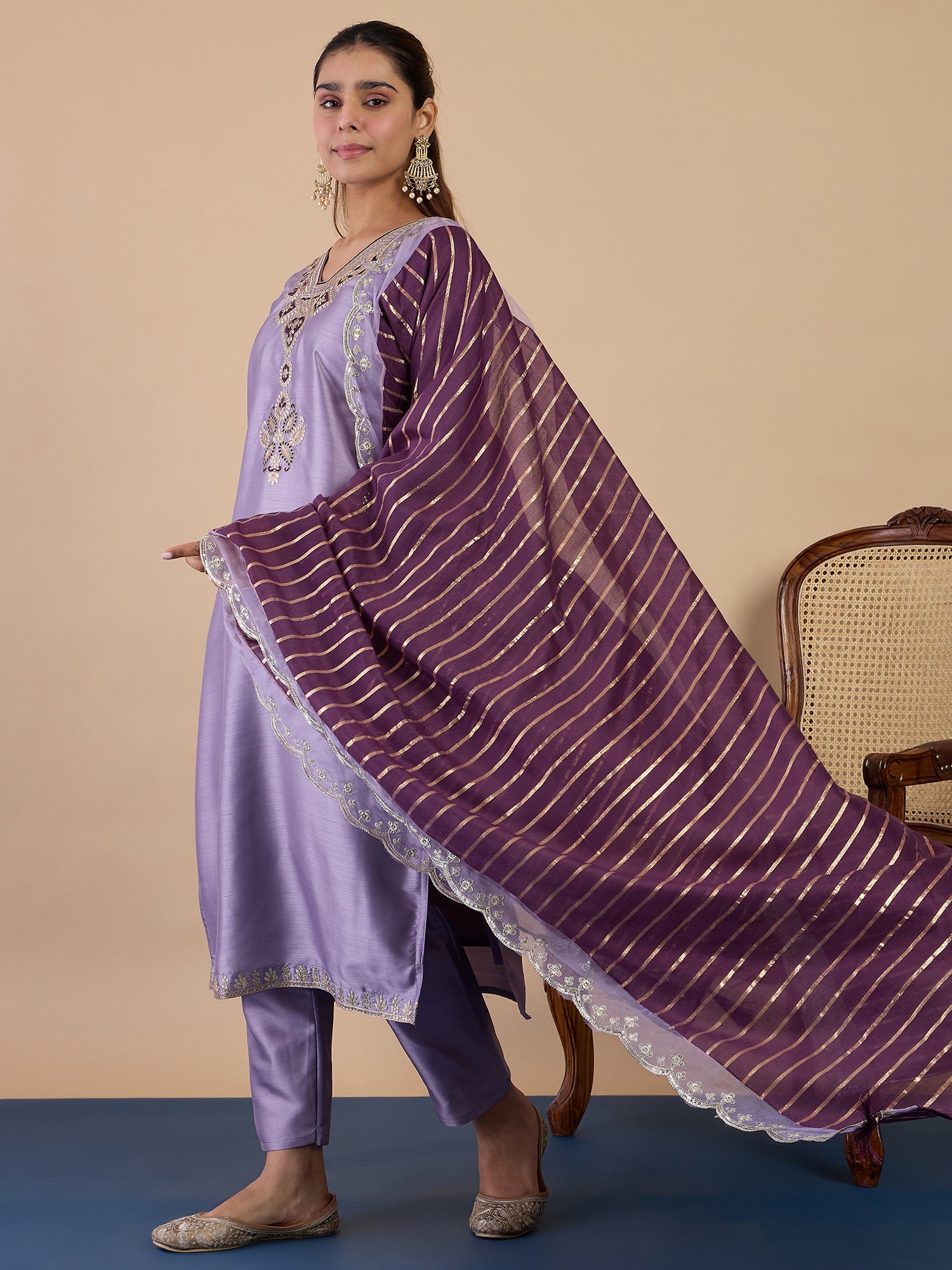 Khushi Women's Lavender Festive Embroidered Yoke Straight Kurta Pant Set