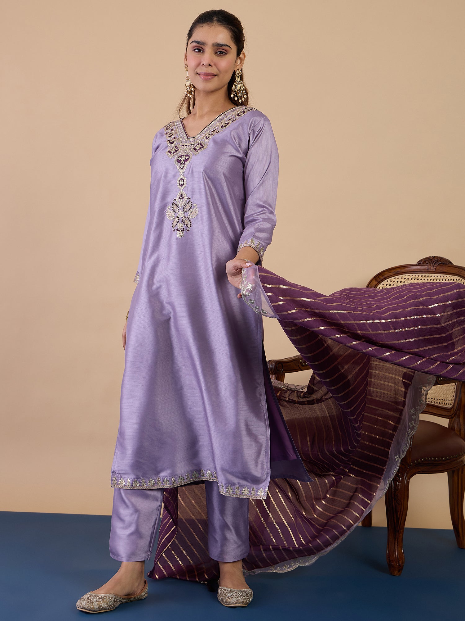 Khushi Women's Lavender Festive Embroidered Yoke Straight Kurta Pant Set