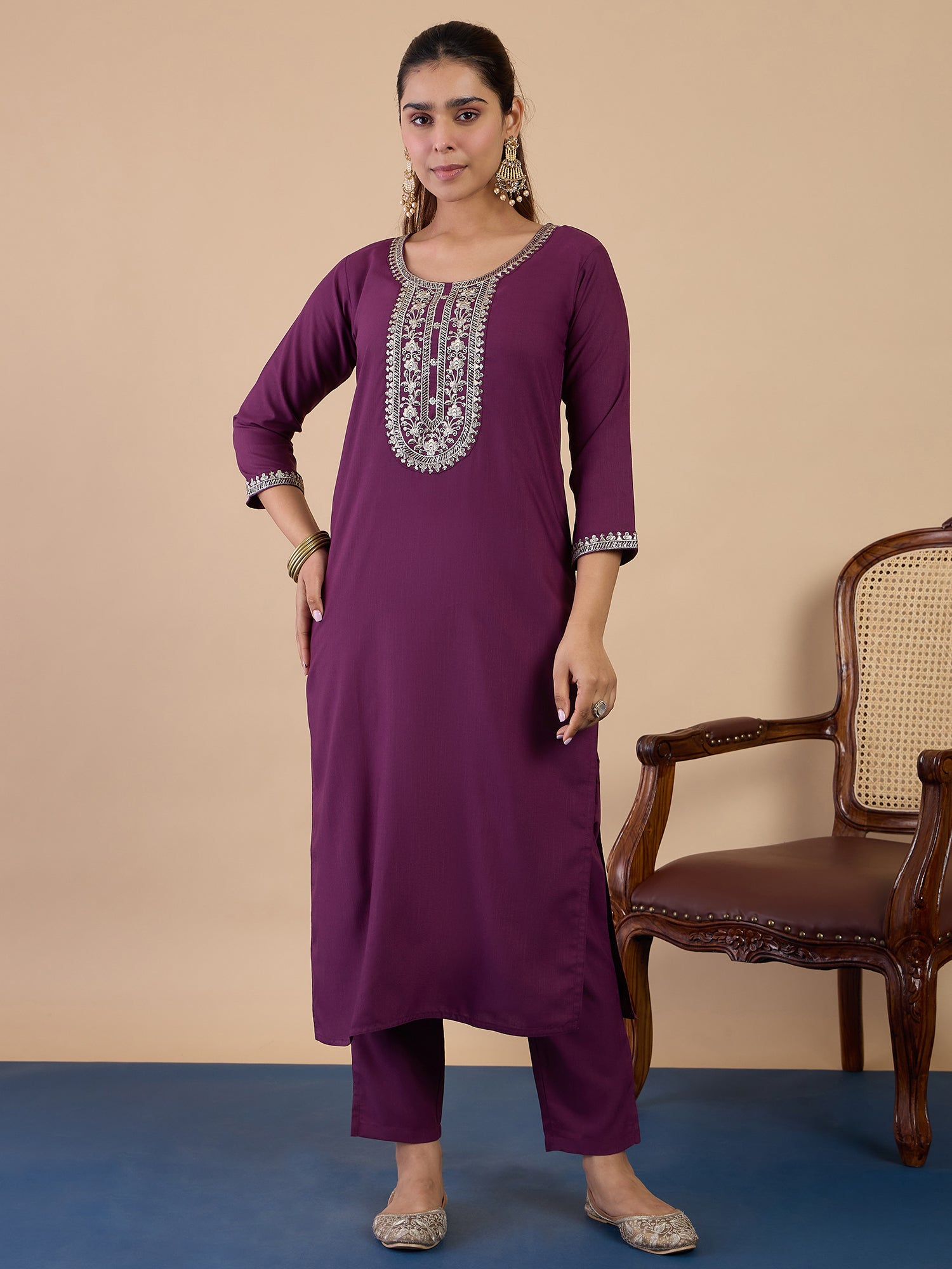 Ruhi Women's Purple Festive Embroidered Yoke Straight Kurta Set