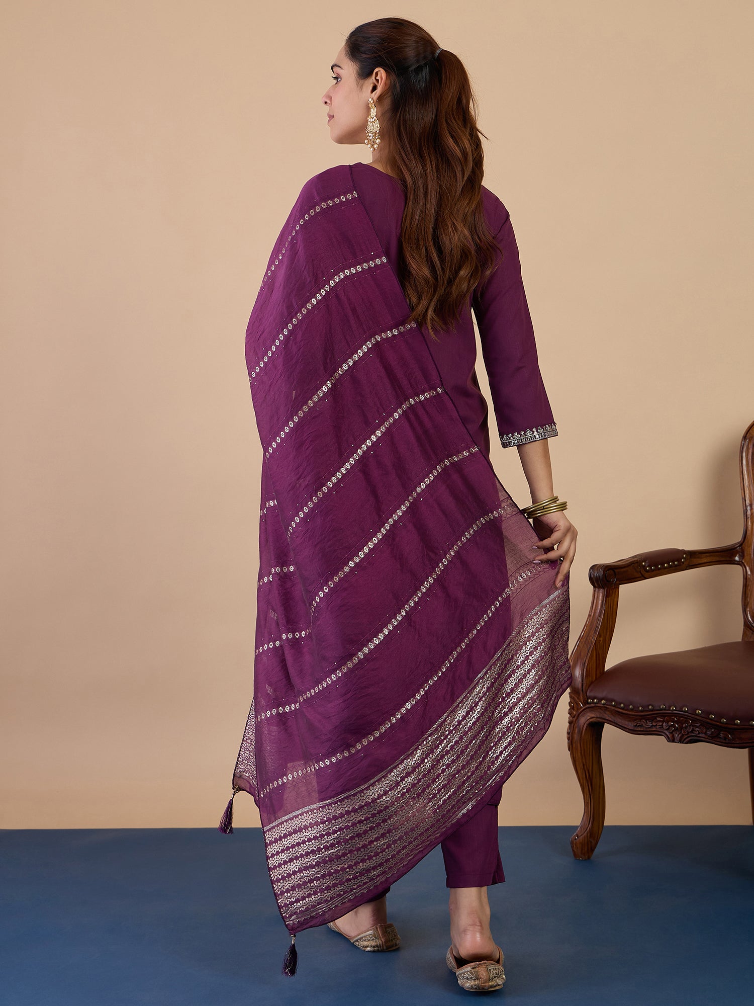Ruhi Women's Purple Festive Embroidered Yoke Straight Kurta Set