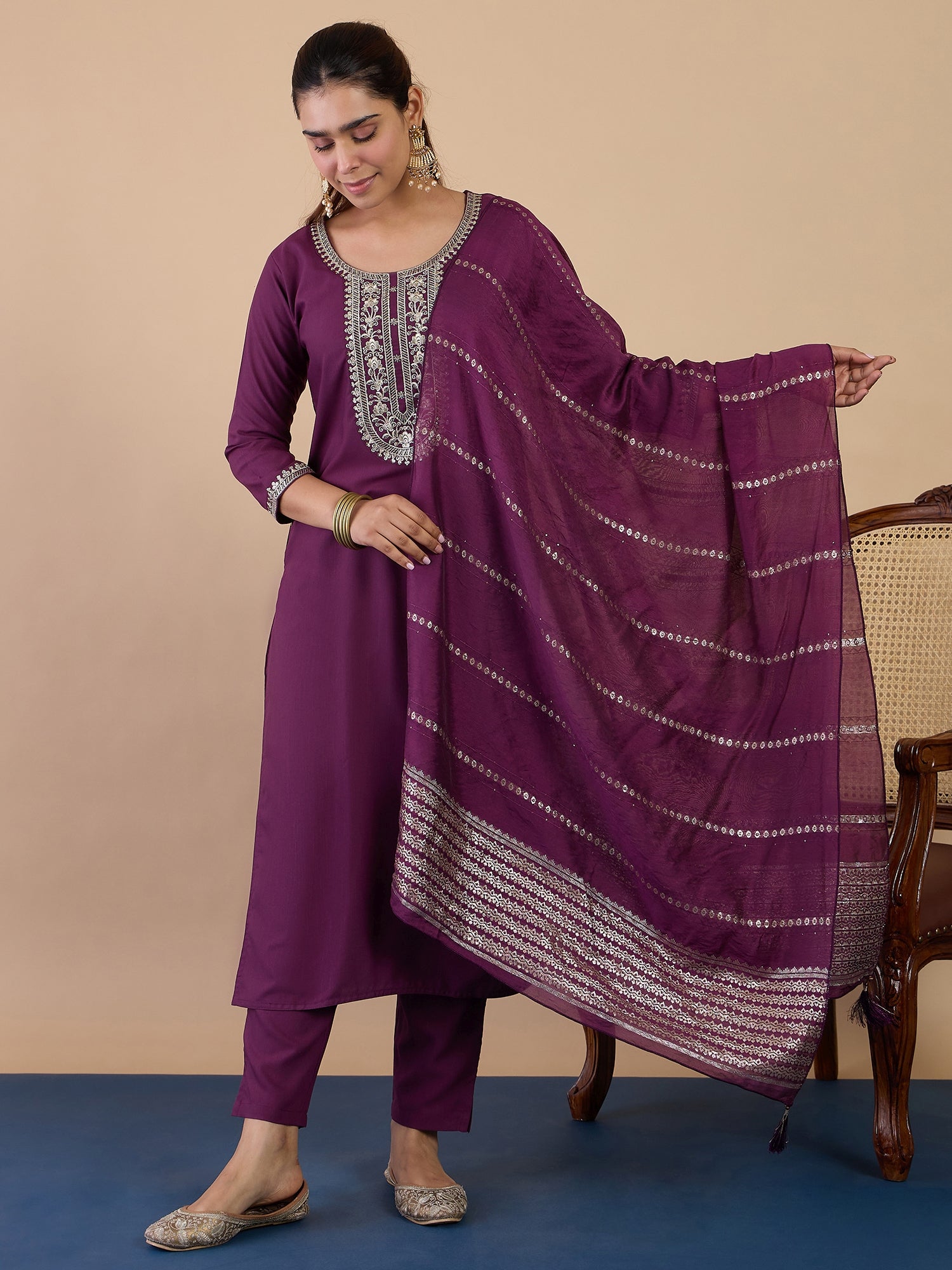Ruhi Women's Purple Festive Embroidered Yoke Straight Kurta Set