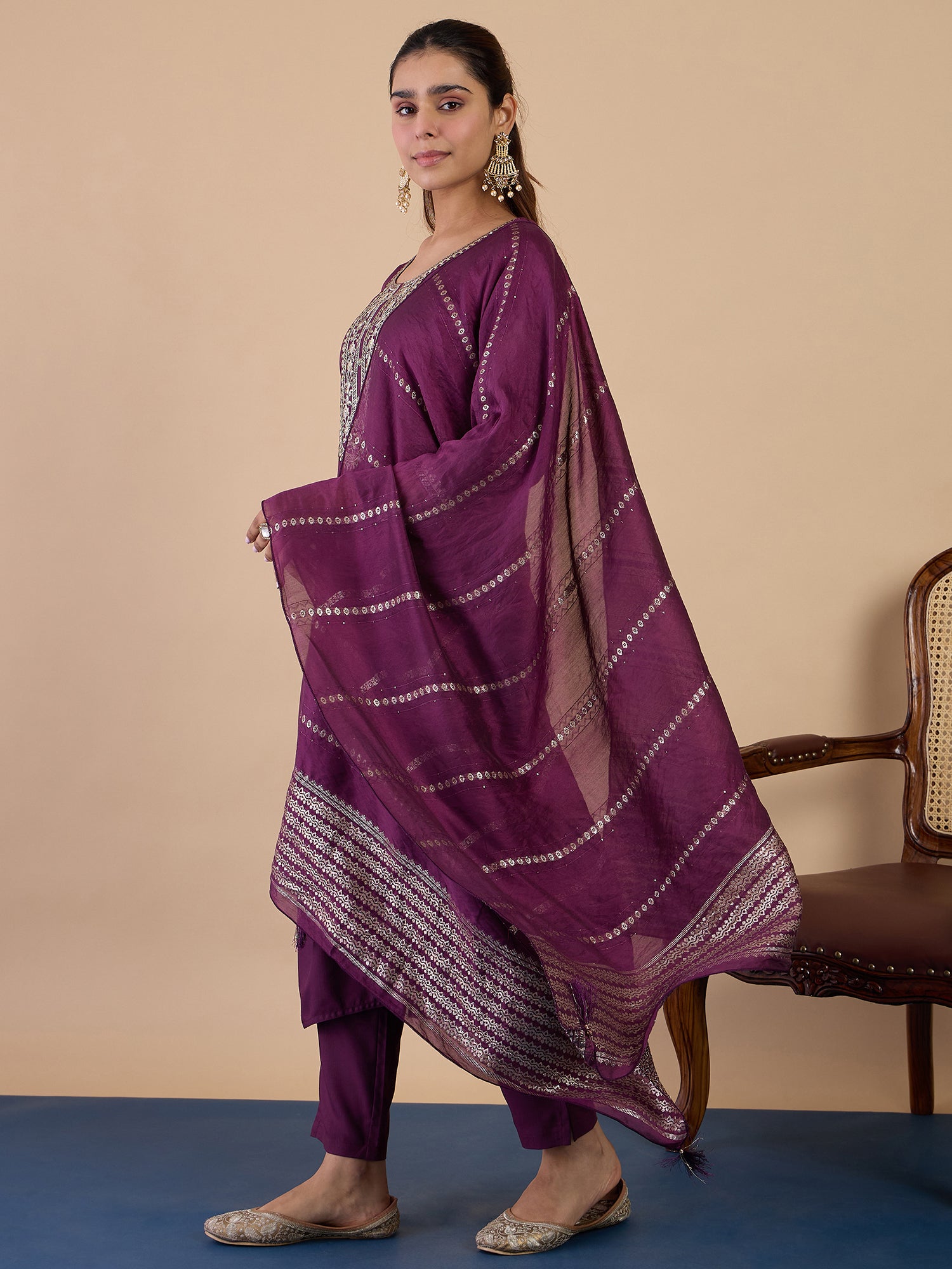 Ruhi Women's Purple Festive Embroidered Yoke Straight Kurta Set