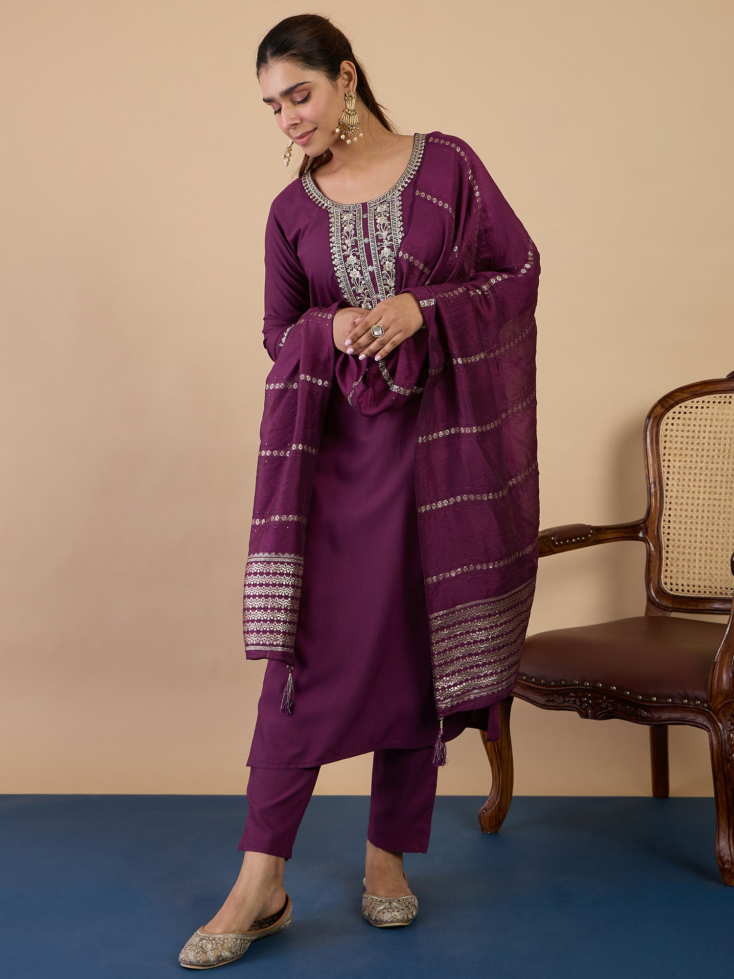 Ruhi Women's Purple Festive Embroidered Yoke Straight Kurta Set