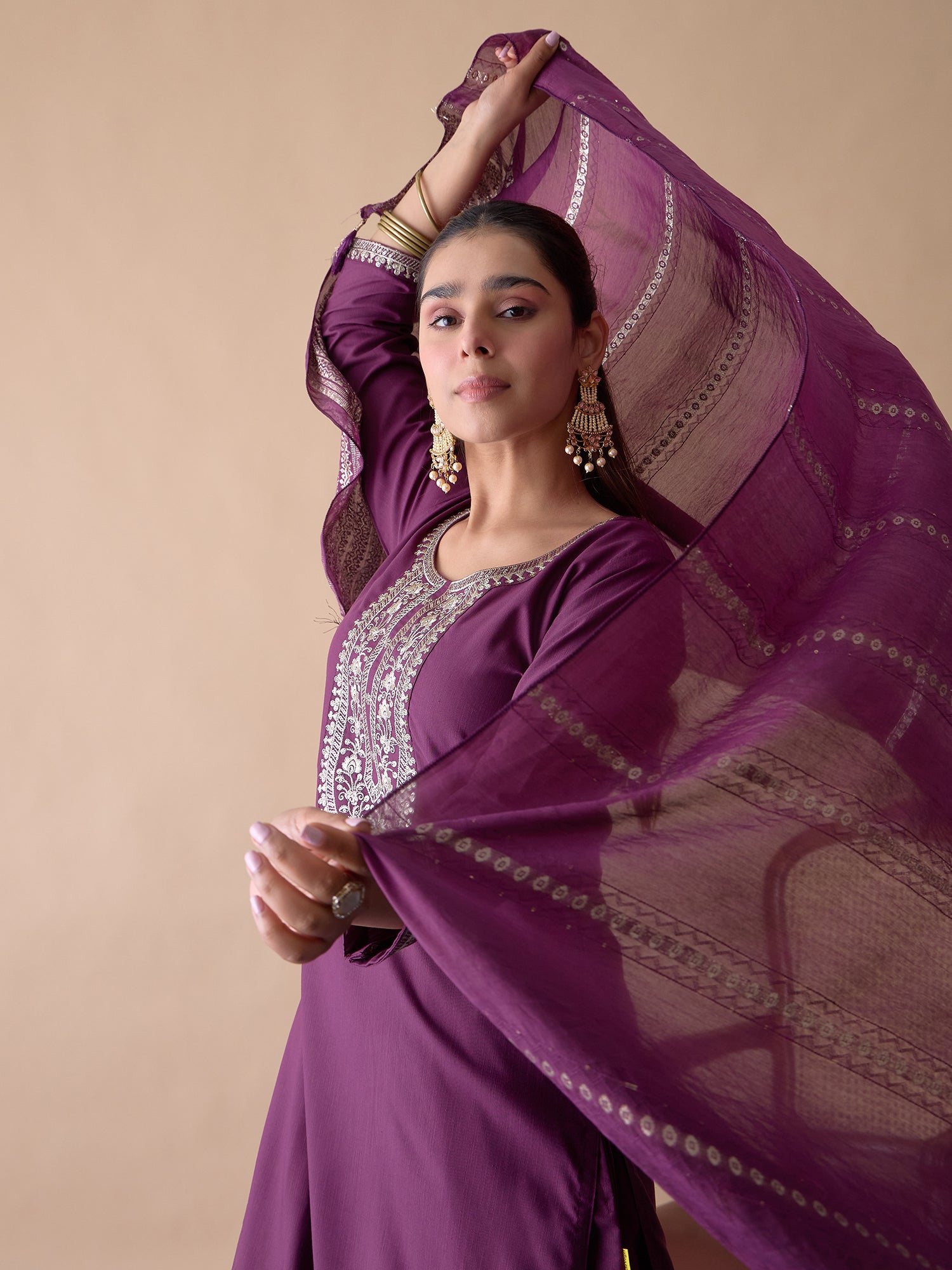 Ruhi Women's Purple Festive Embroidered Yoke Straight Kurta Set