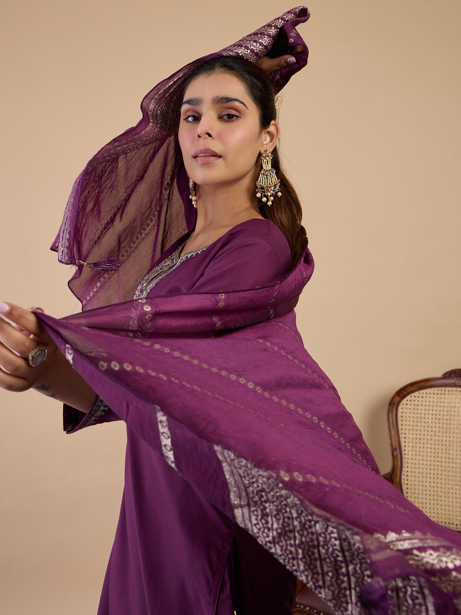 Ruhi Women's Purple Festive Embroidered Yoke Straight Kurta Set