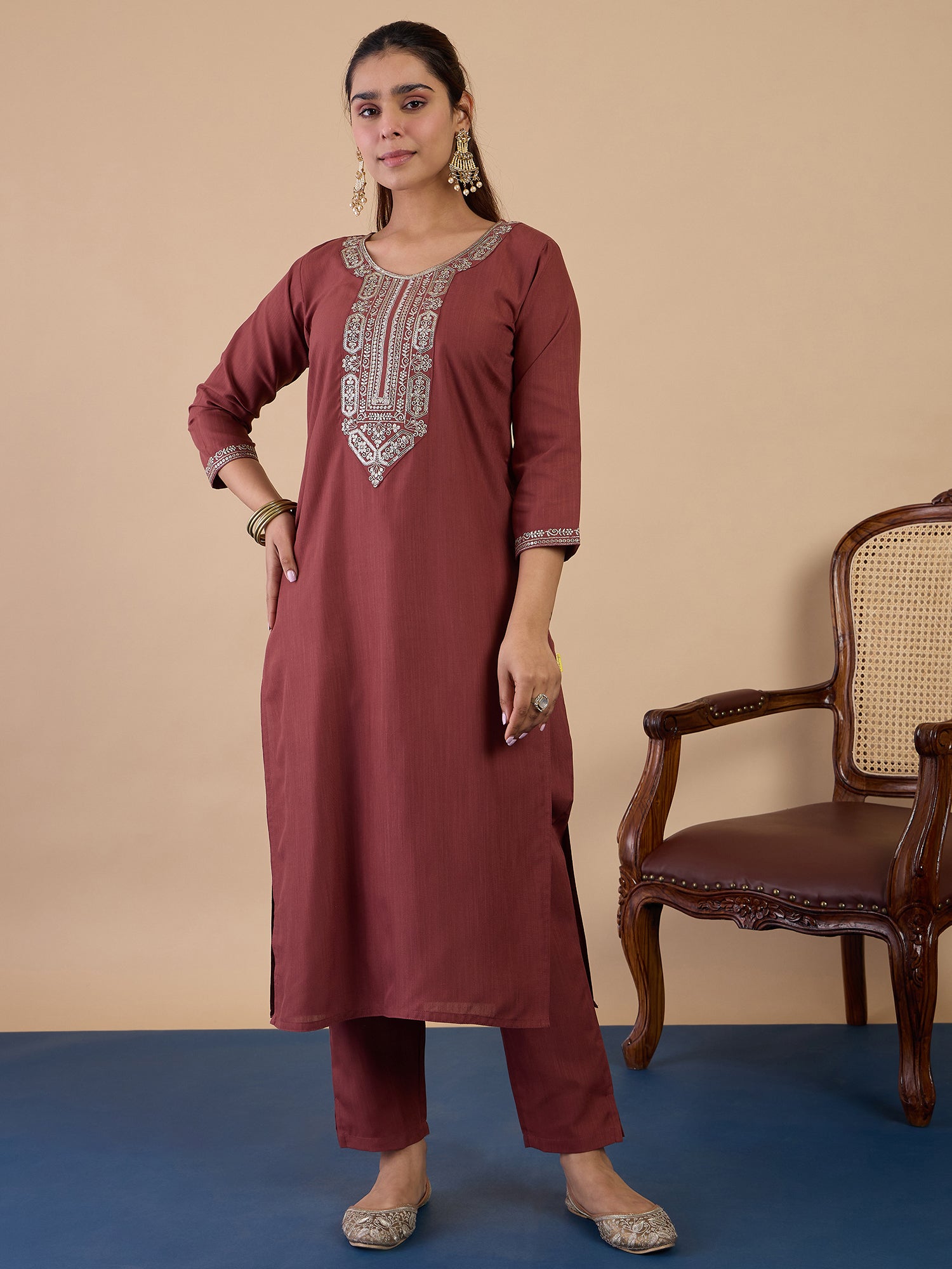 Aisha Women's Dusty Brown Embroidered Yoke Design Straight Kurta Set with Dupatta