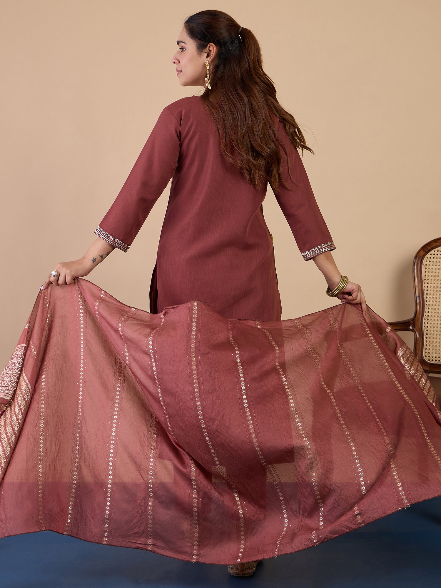 Nyra Brown Women’s Traditional Kurta Pant Set with Dupatta