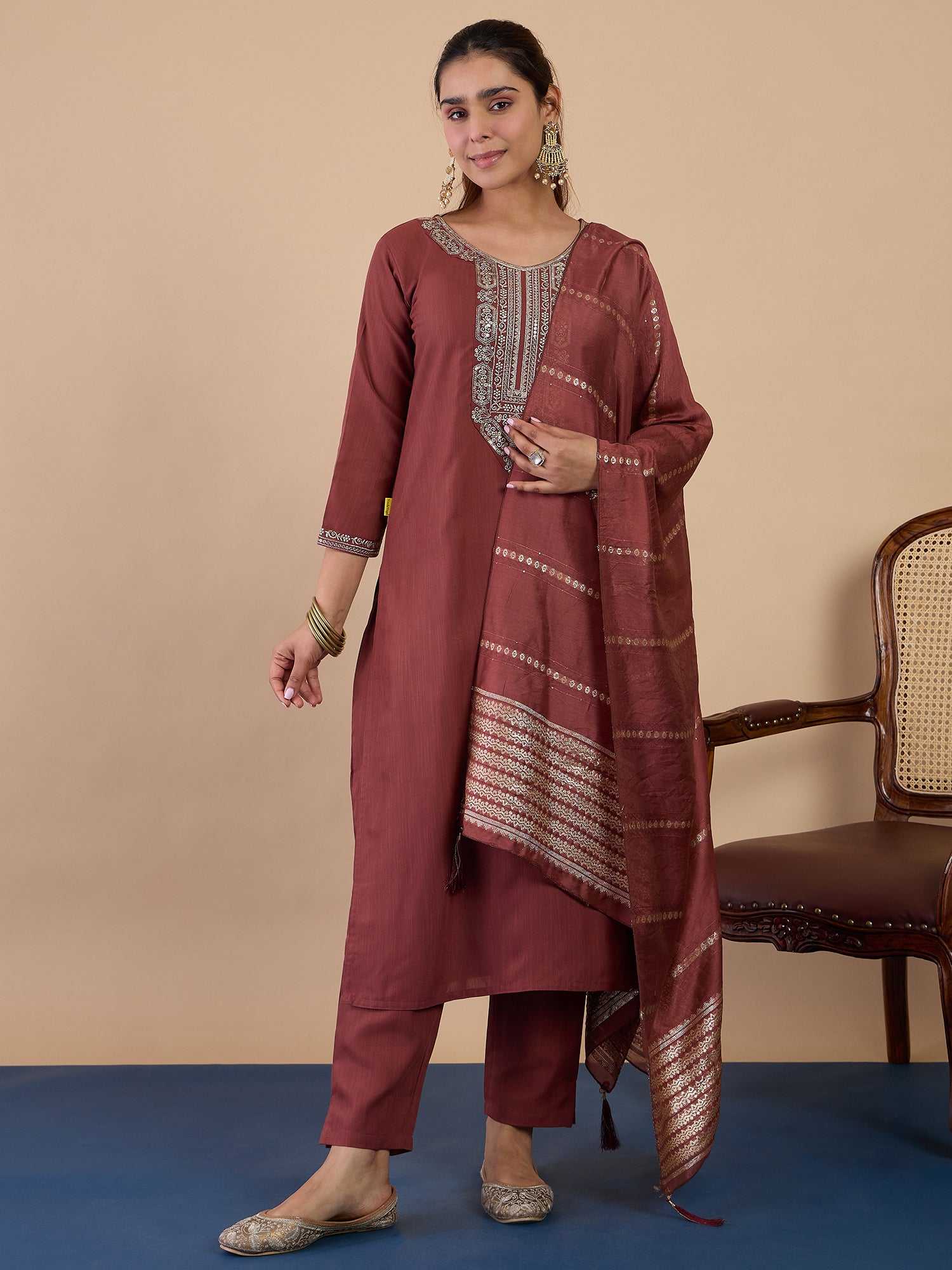 Aisha Women's Dusty Brown Embroidered Yoke Design Straight Kurta Set with Dupatta