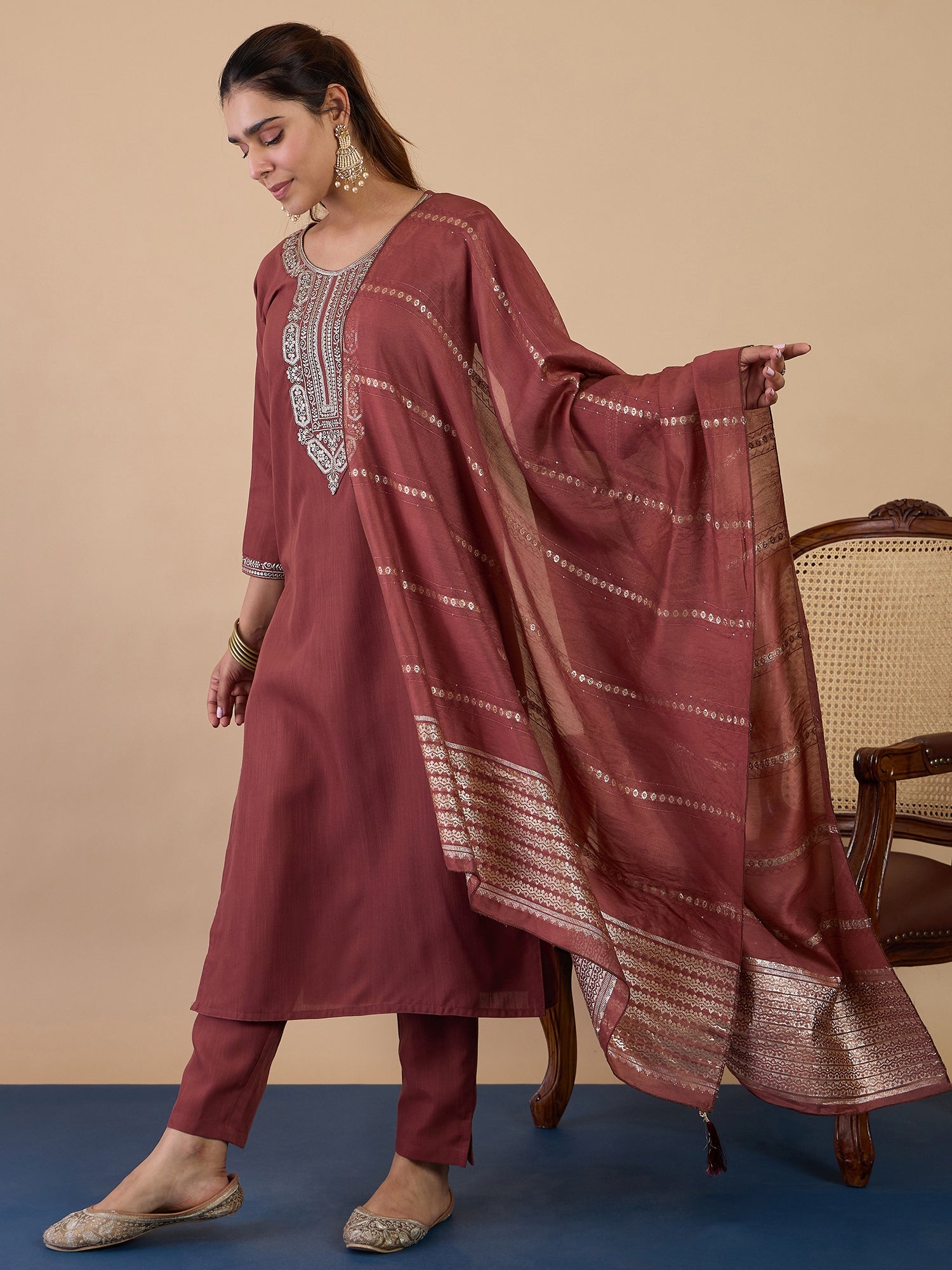 Aisha Women's Dusty Brown Embroidered Yoke Design Straight Kurta Set with Dupatta