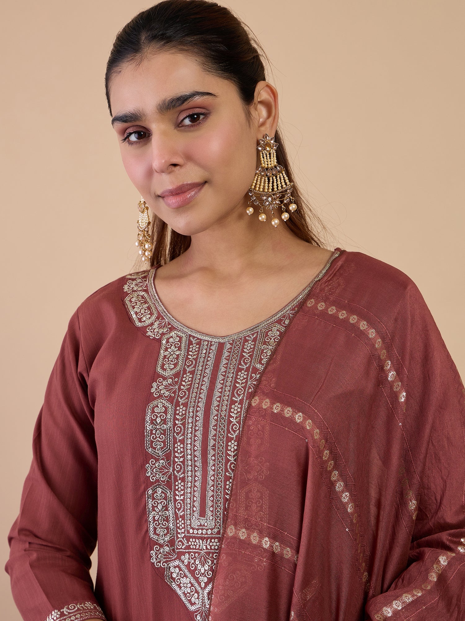 Aisha Women's Dusty Brown Embroidered Yoke Design Straight Kurta Set with Dupatta
