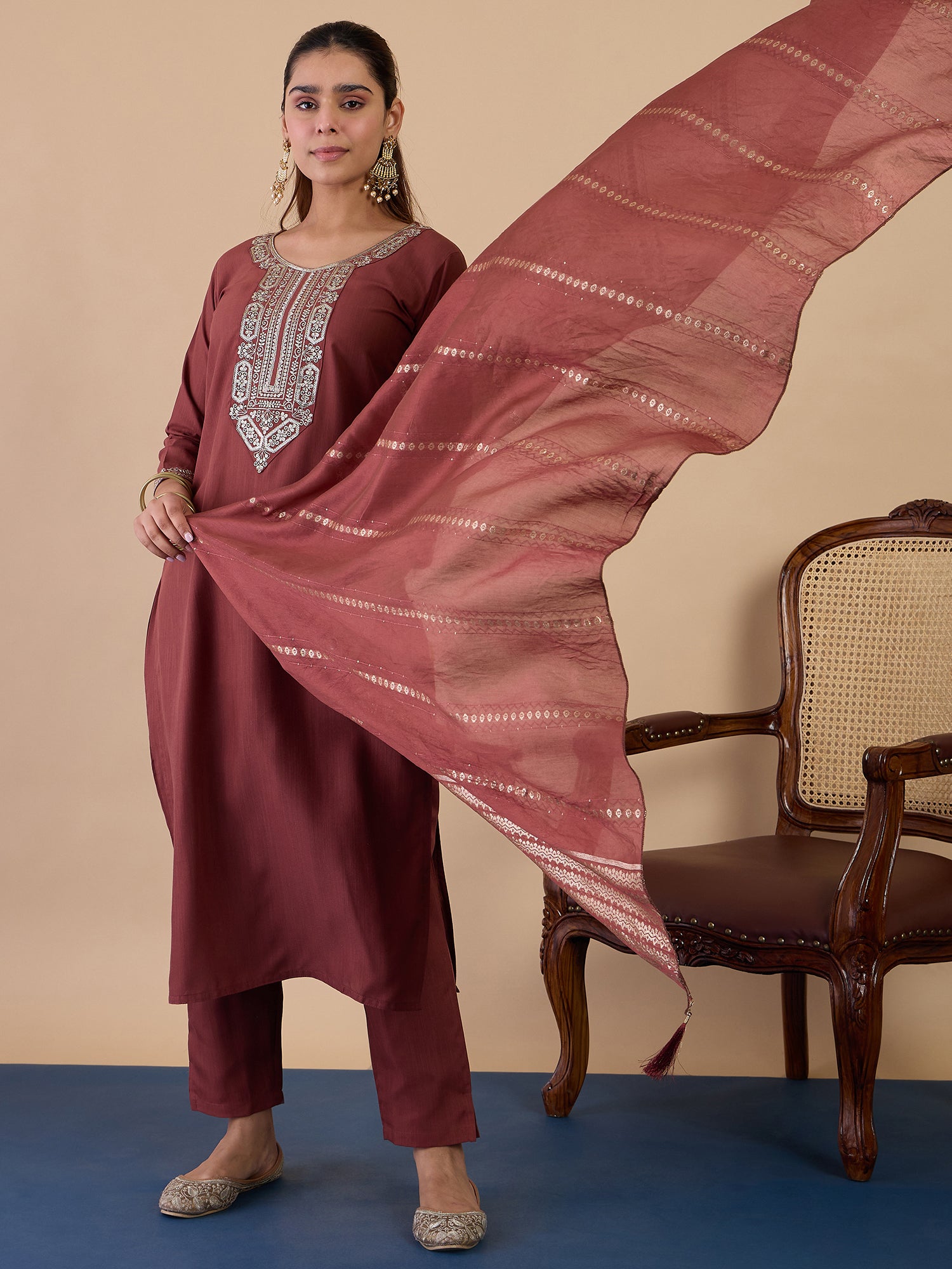 Aisha Women's Dusty Brown Embroidered Yoke Design Straight Kurta Set with Dupatta