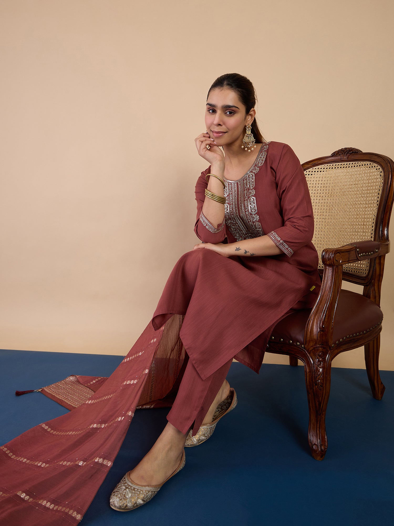 Aisha Women's Dusty Brown Embroidered Yoke Design Straight Kurta Set with Dupatta