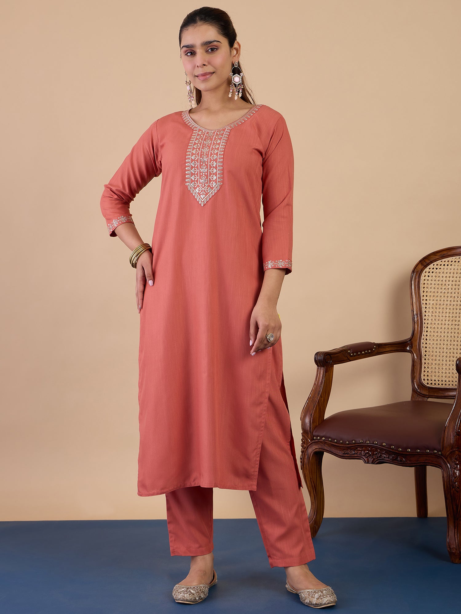 Tara Women's Peach Silk Blend Embroidered Yoke Design Kurta Set