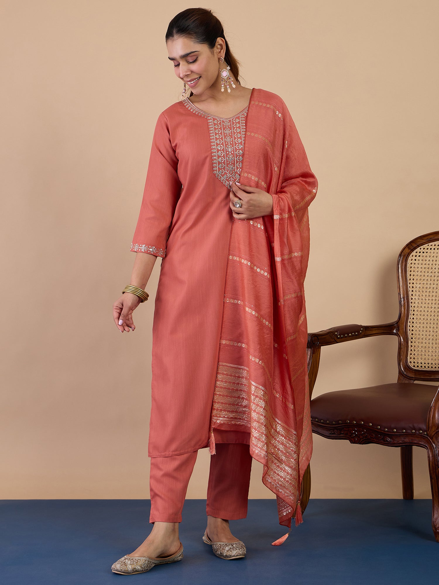 Myra Peach Women's Designer Kurta Pant Set Premium Pattern Collection