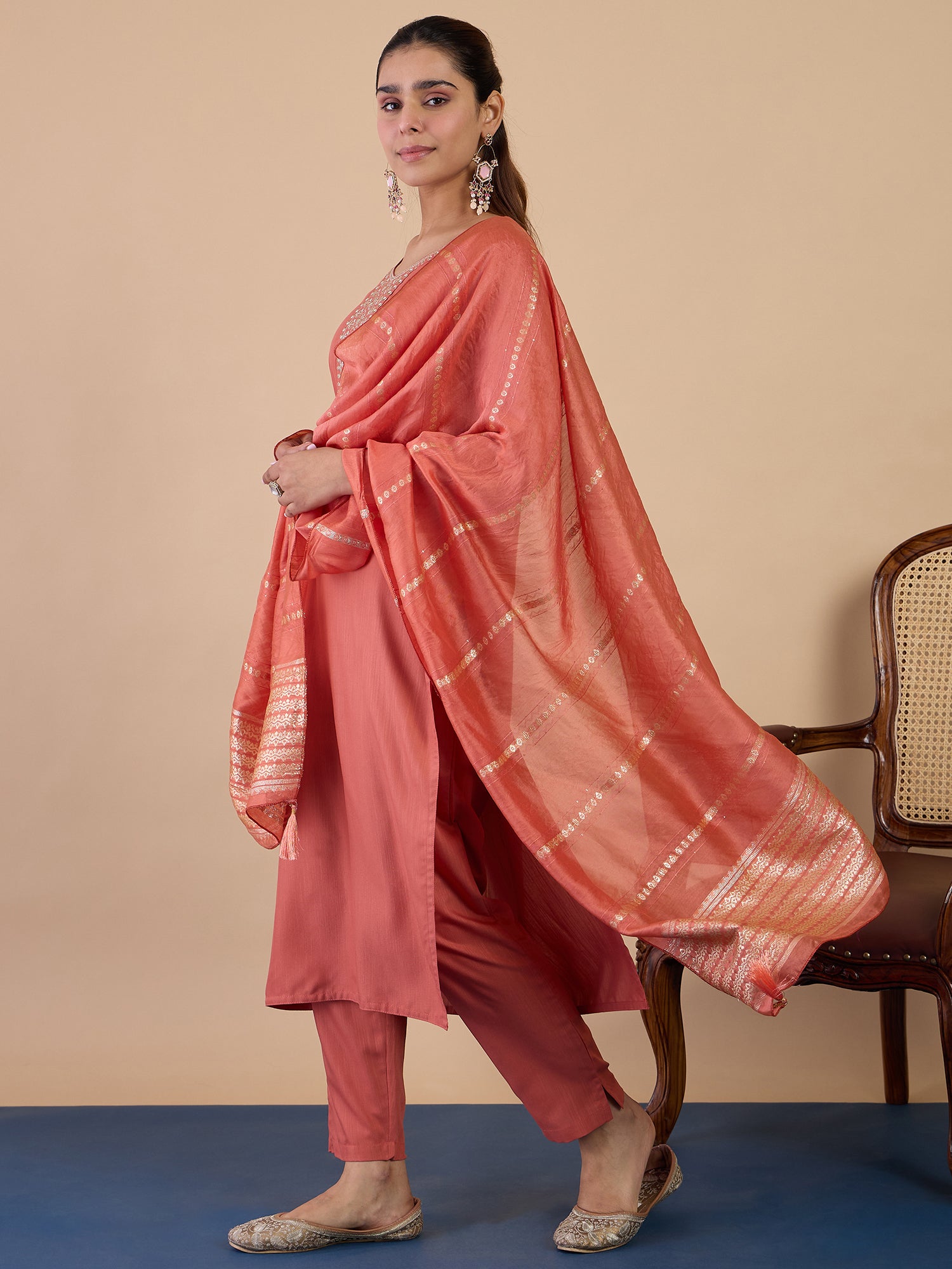 Tara Women's Peach Silk Blend Embroidered Yoke Design Kurta Set