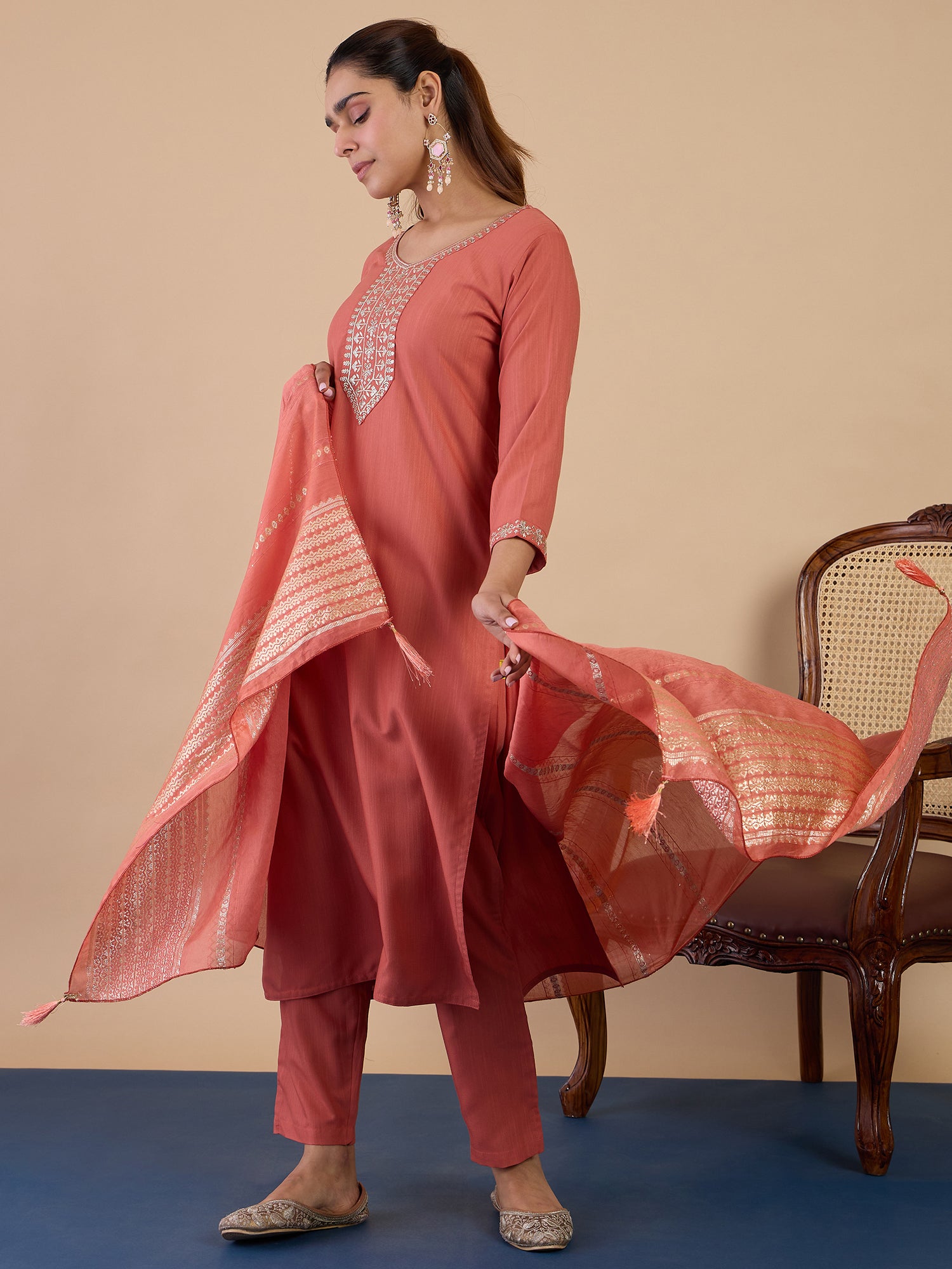 Tara Women's Peach Silk Blend Embroidered Yoke Design Kurta Set
