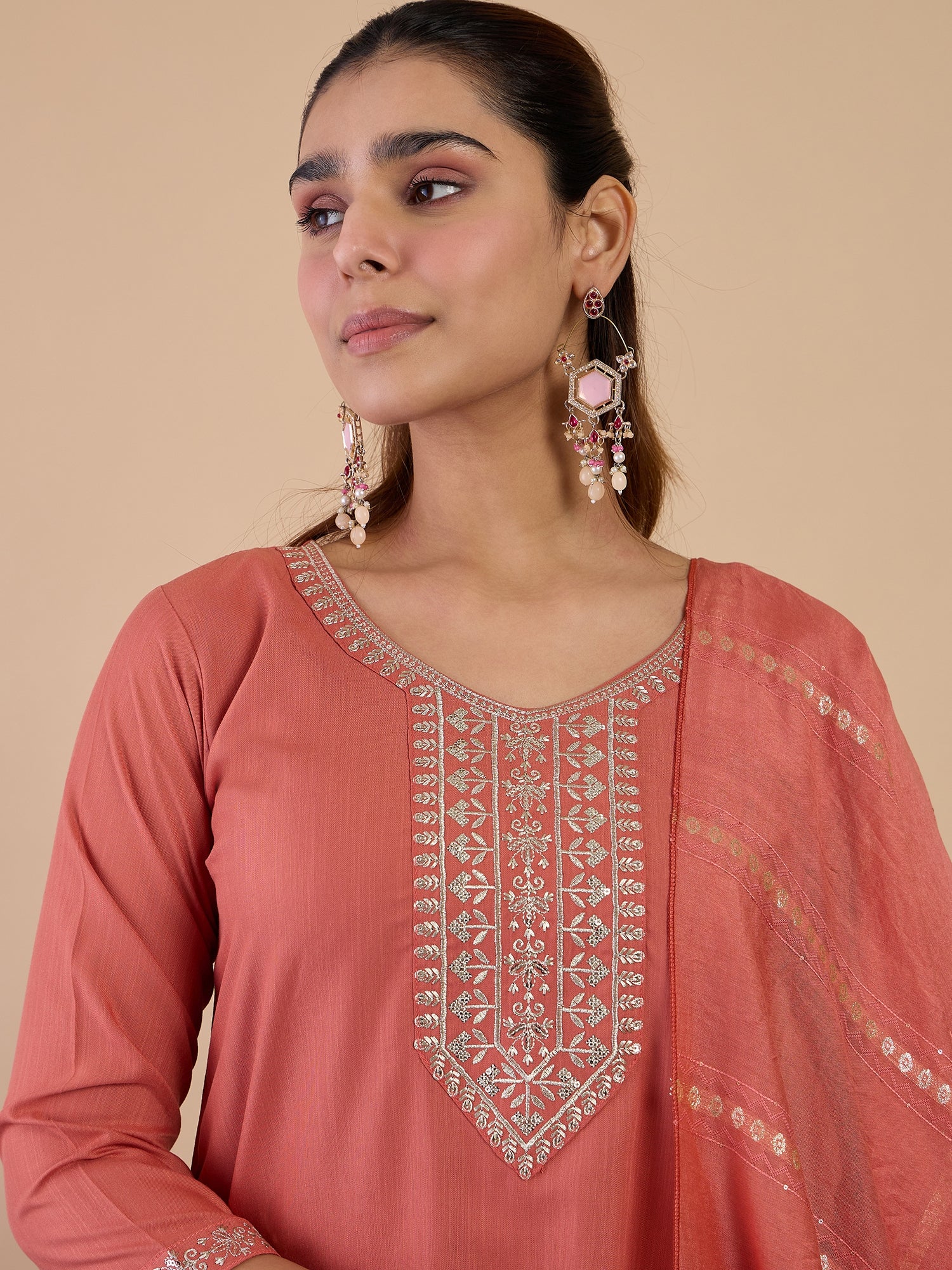 Tara Women's Peach Silk Blend Embroidered Yoke Design Kurta Set