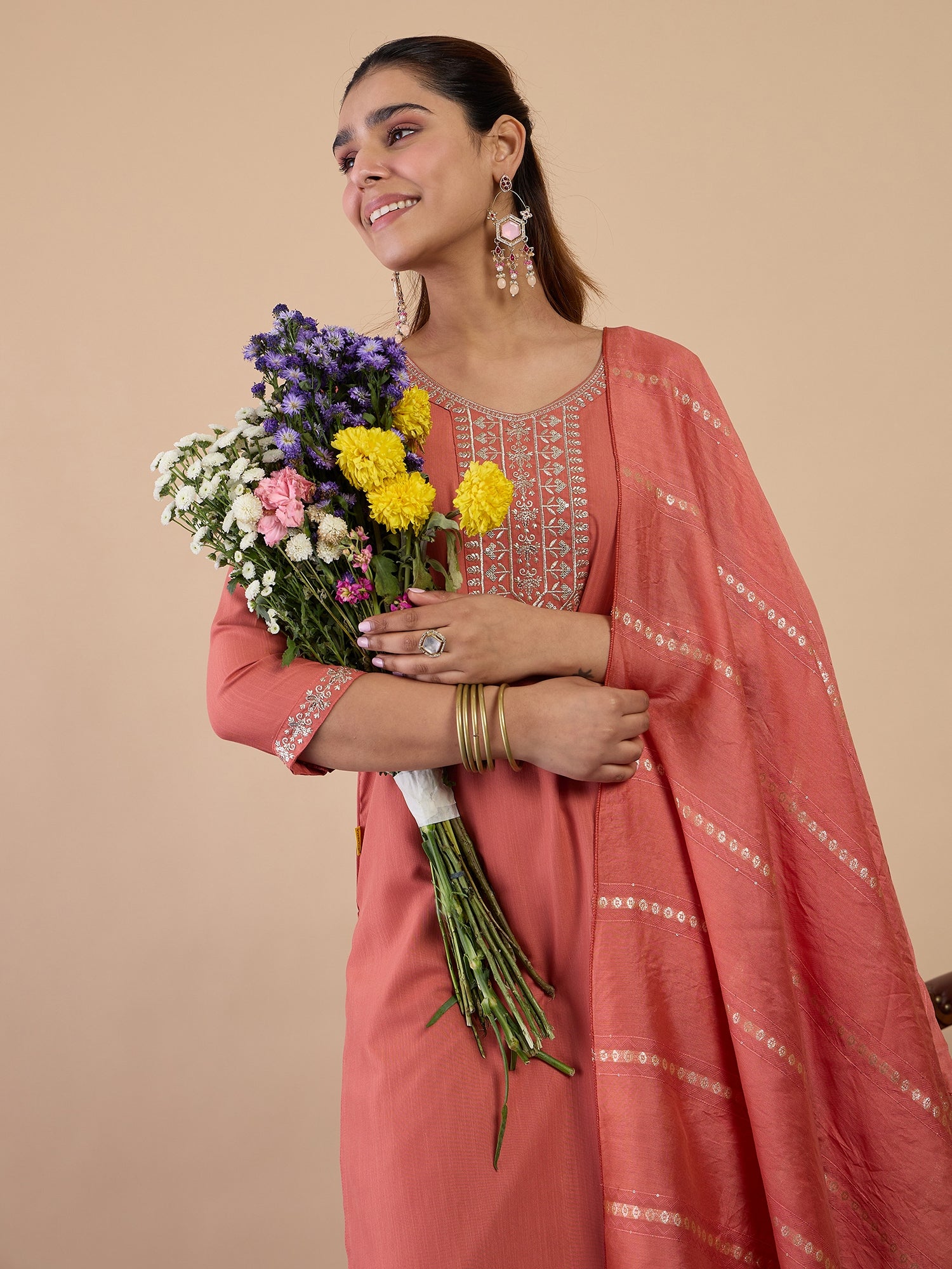 Tara Women's Peach Silk Blend Embroidered Yoke Design Kurta Set