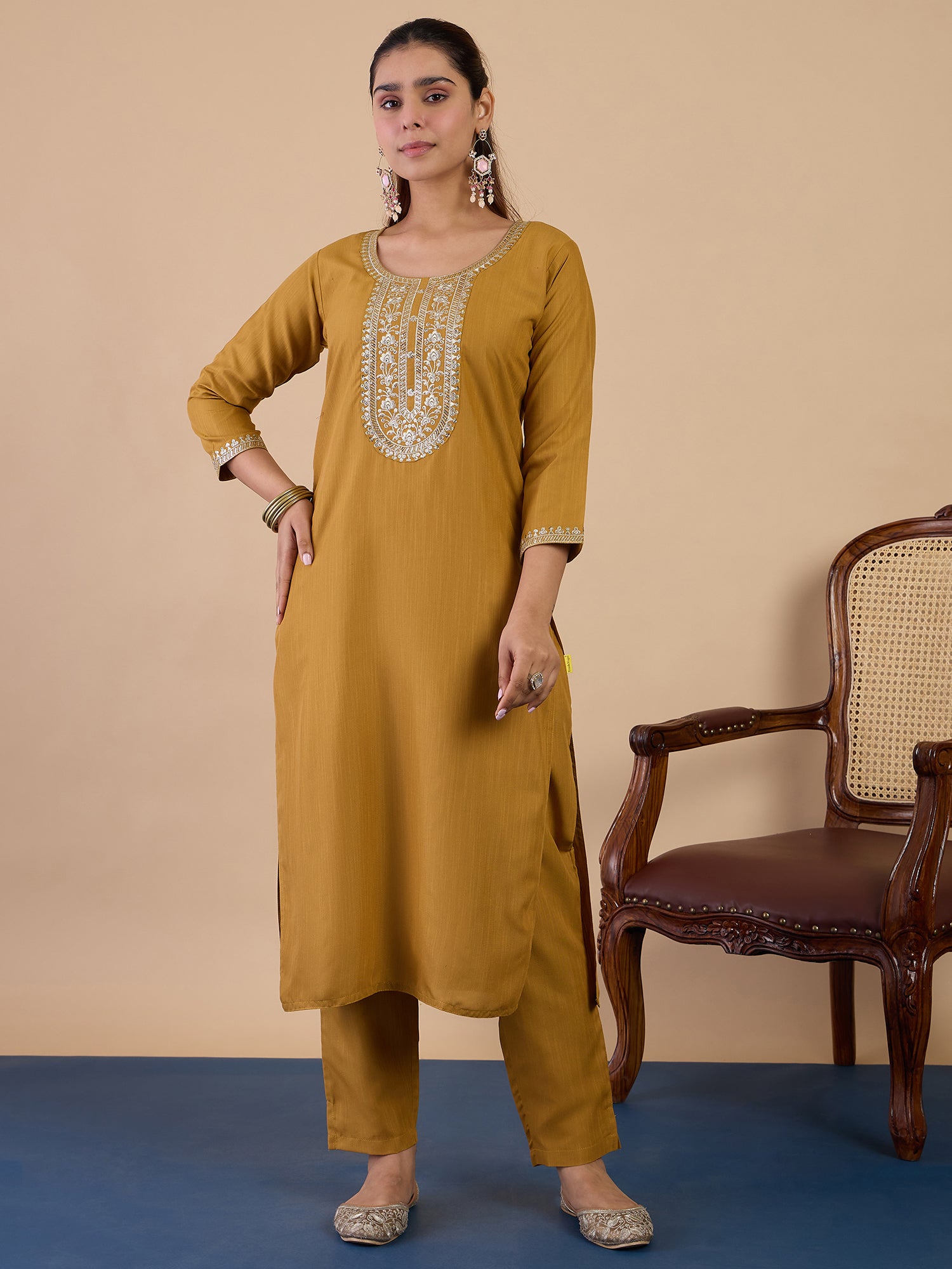 Tanvi Women's Mustard Festive Kurta Set with Patterned Border Dupatta