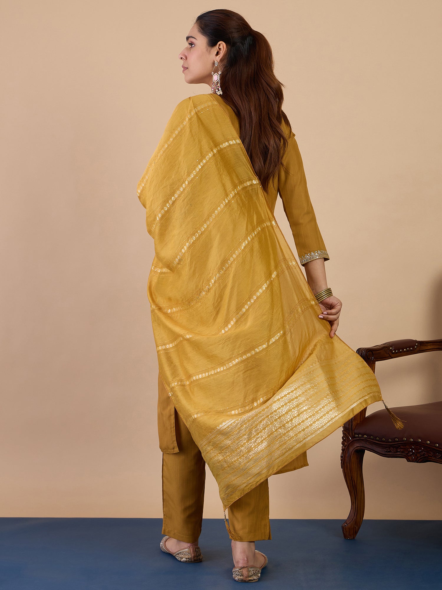 Tanvi Women's Mustard Festive Kurta Set with Patterned Border Dupatta