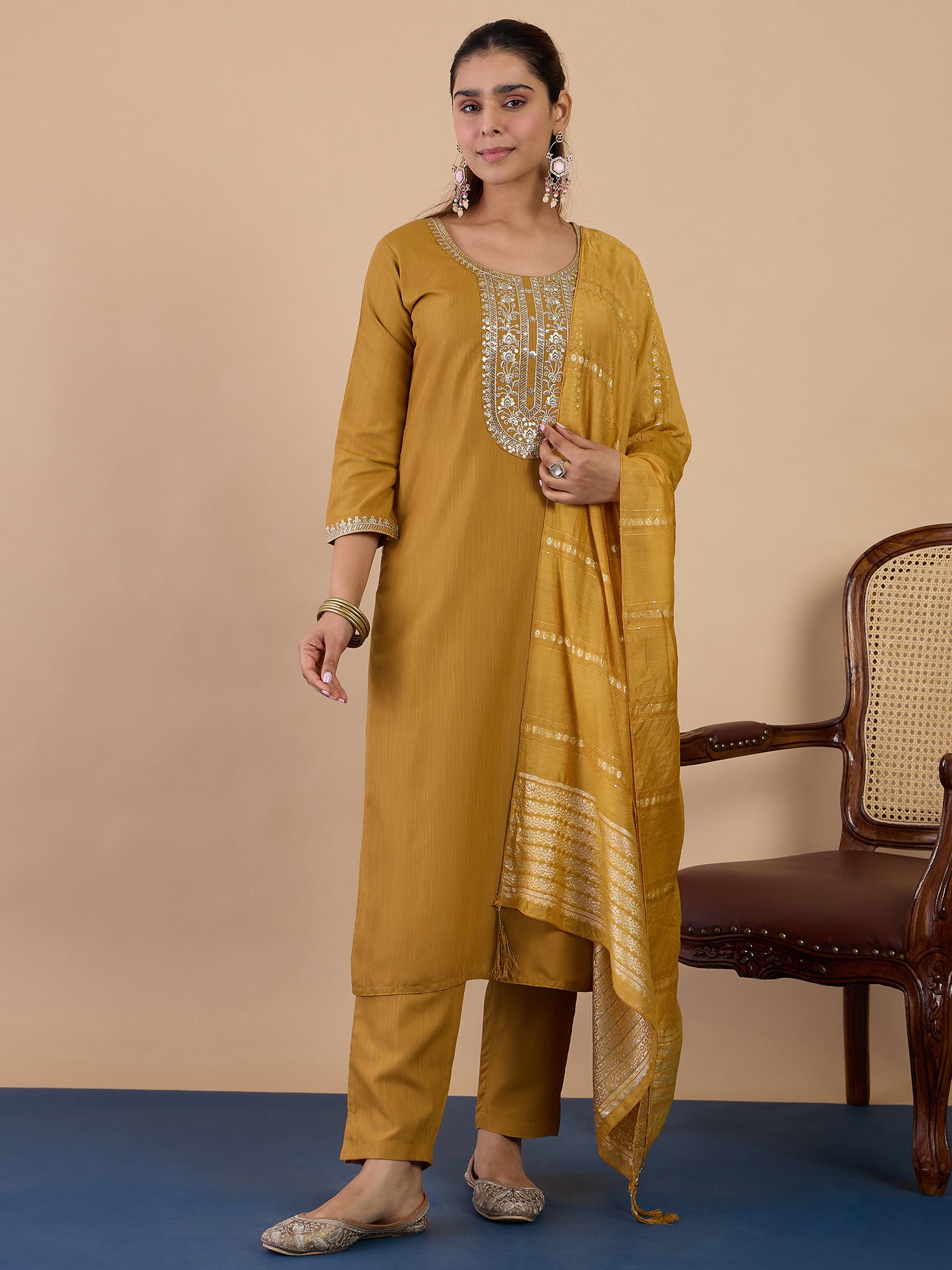 Tanvi Women's Mustard Festive Kurta Set with Patterned Border Dupatta