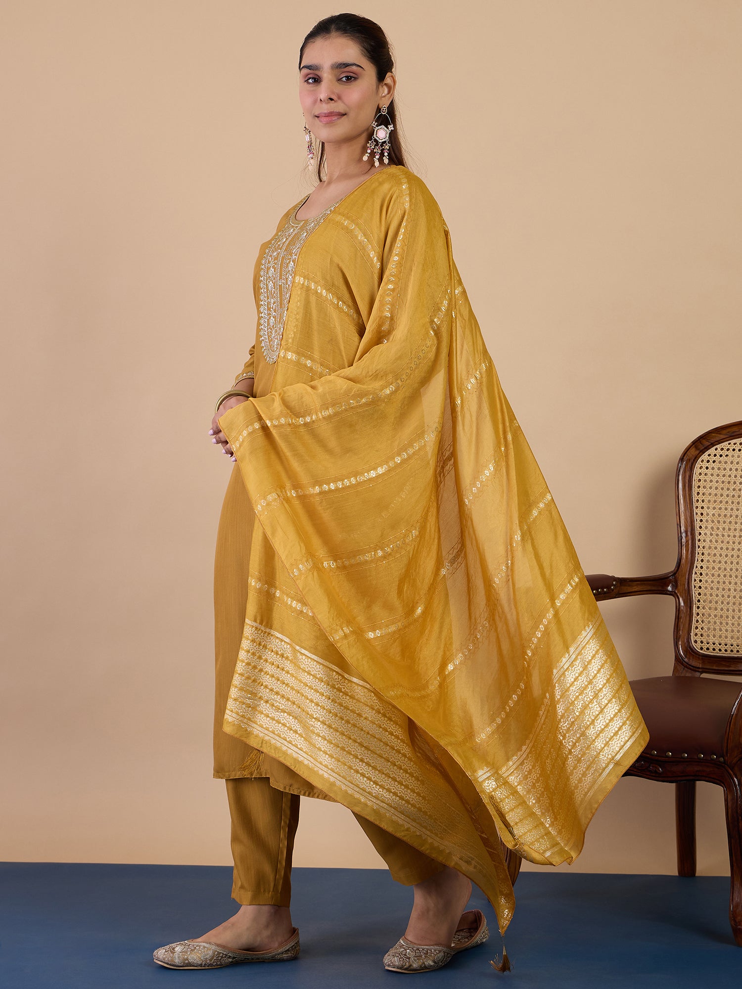 Tanvi Women's Mustard Festive Kurta Set with Patterned Border Dupatta