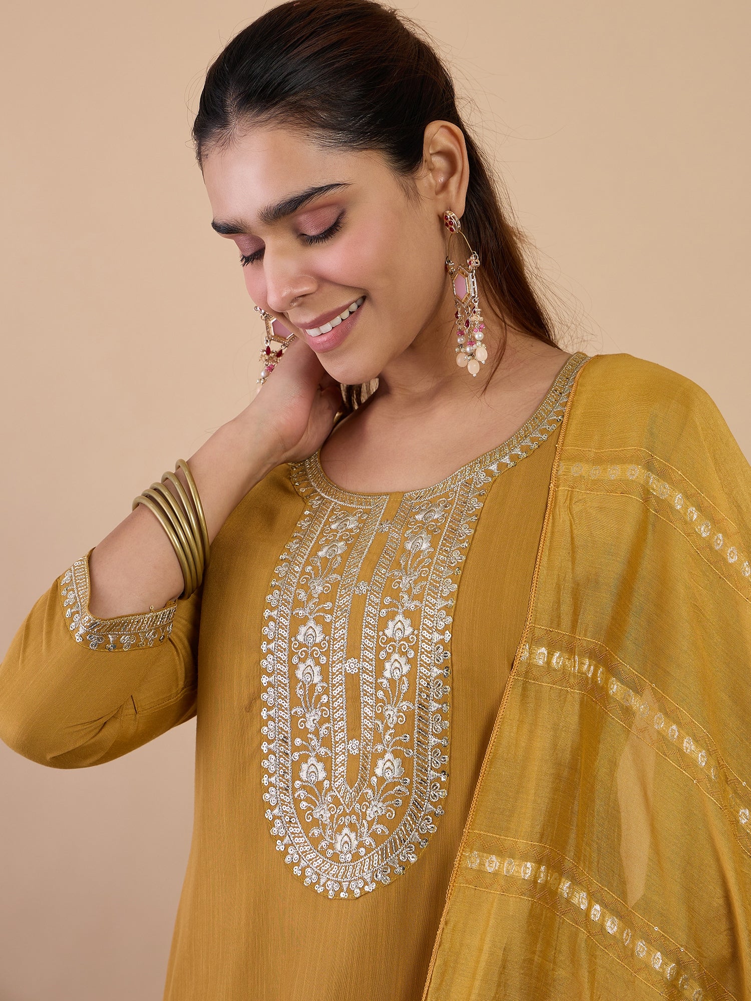 Tanvi Women's Mustard Festive Kurta Set with Patterned Border Dupatta
