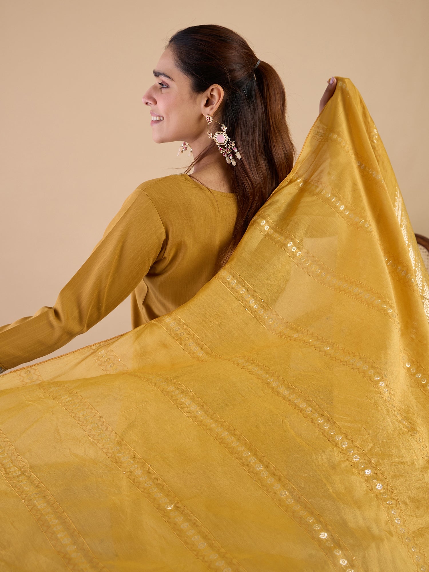Tanvi Women's Mustard Festive Kurta Set with Patterned Border Dupatta