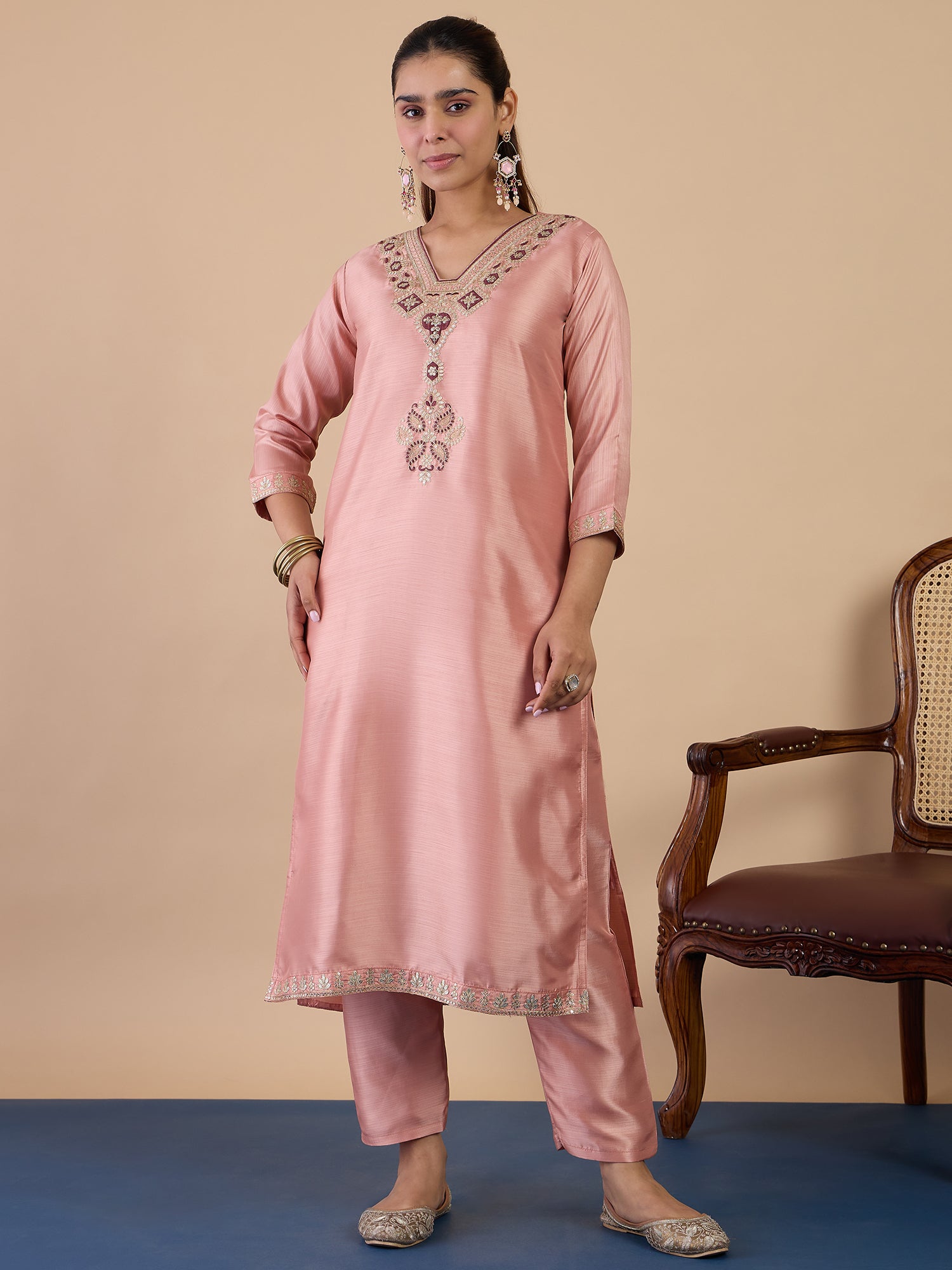 Sneha Women's Peach Silk Blend Embroidered Yoke Design Kurta Set