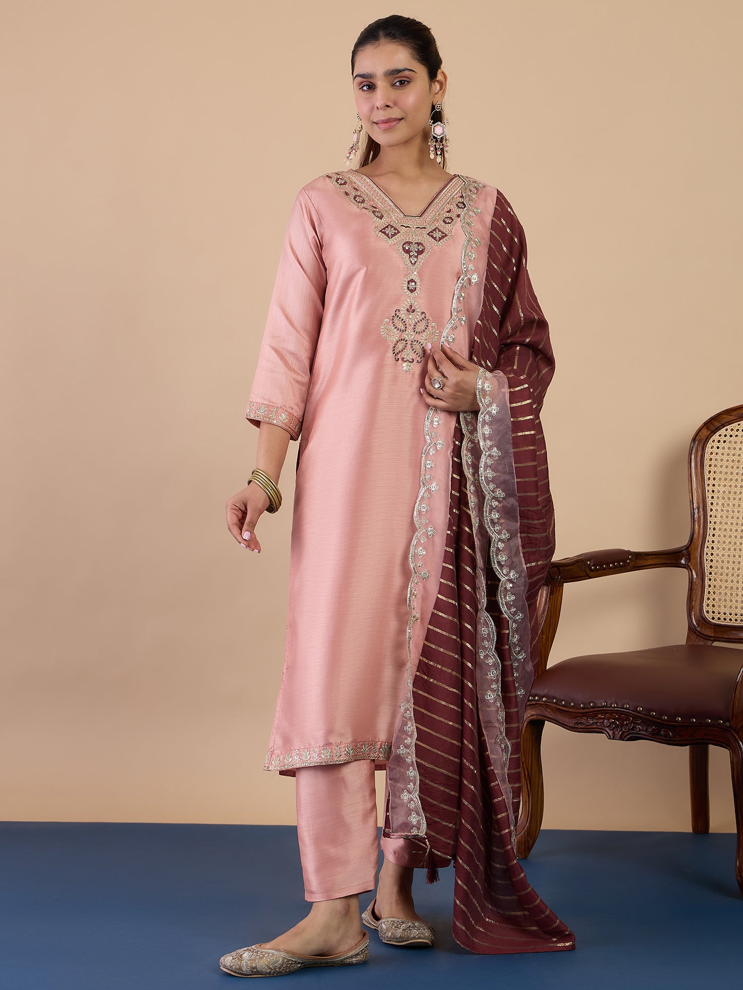 Sneha Women's Peach Silk Blend Embroidered Yoke Design Kurta Set