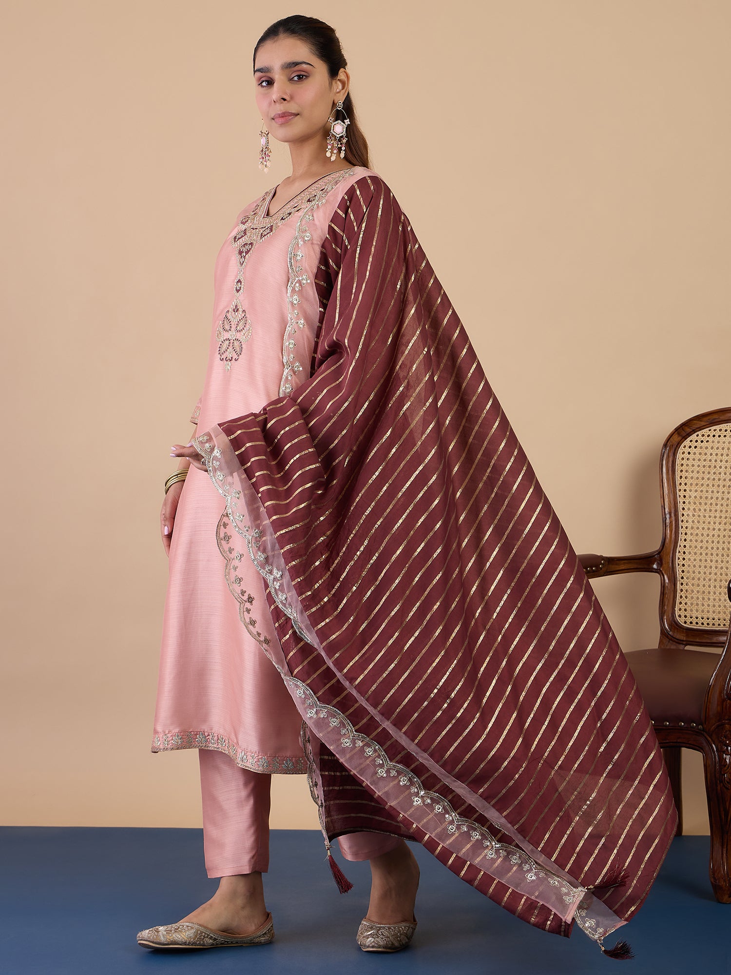 Sneha Women's Peach Silk Blend Embroidered Yoke Design Kurta Set