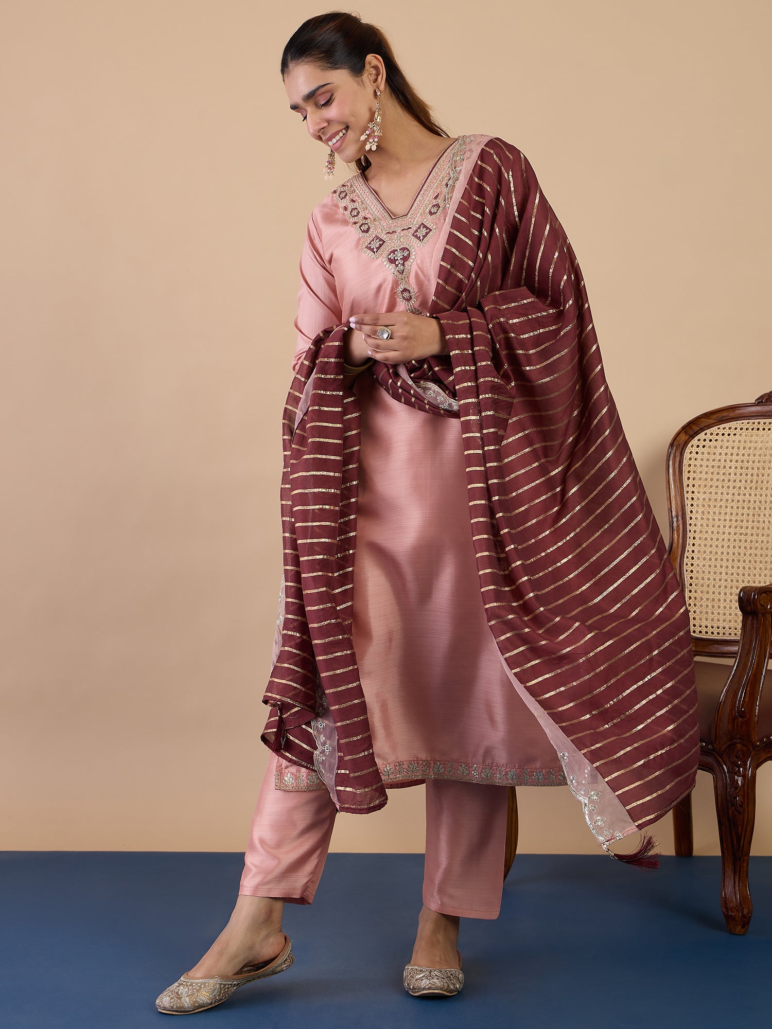 Sneha Women's Peach Silk Blend Embroidered Yoke Design Kurta Set