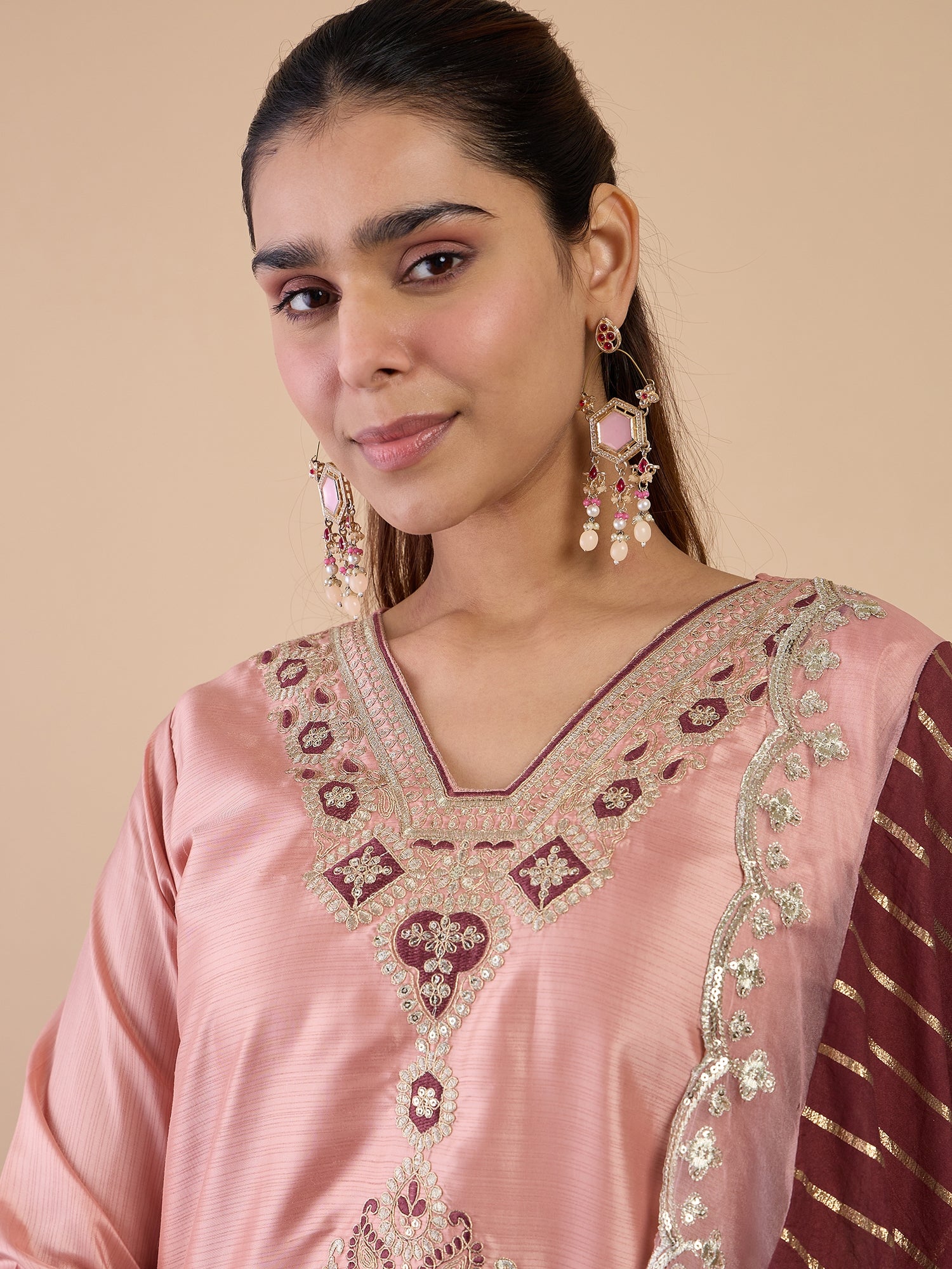 Sneha Women's Peach Silk Blend Embroidered Yoke Design Kurta Set