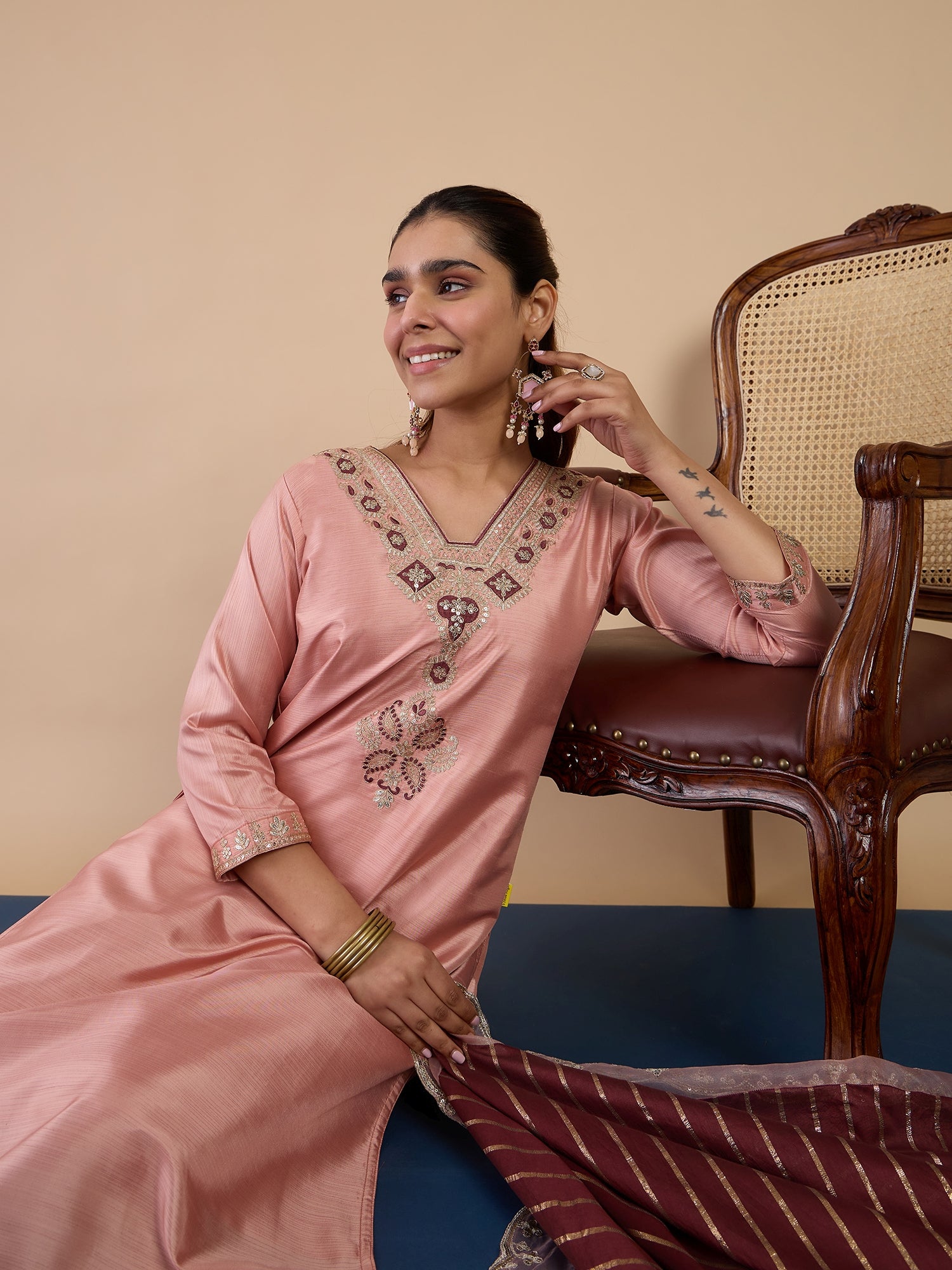 Sneha Women's Peach Silk Blend Embroidered Yoke Design Kurta Set