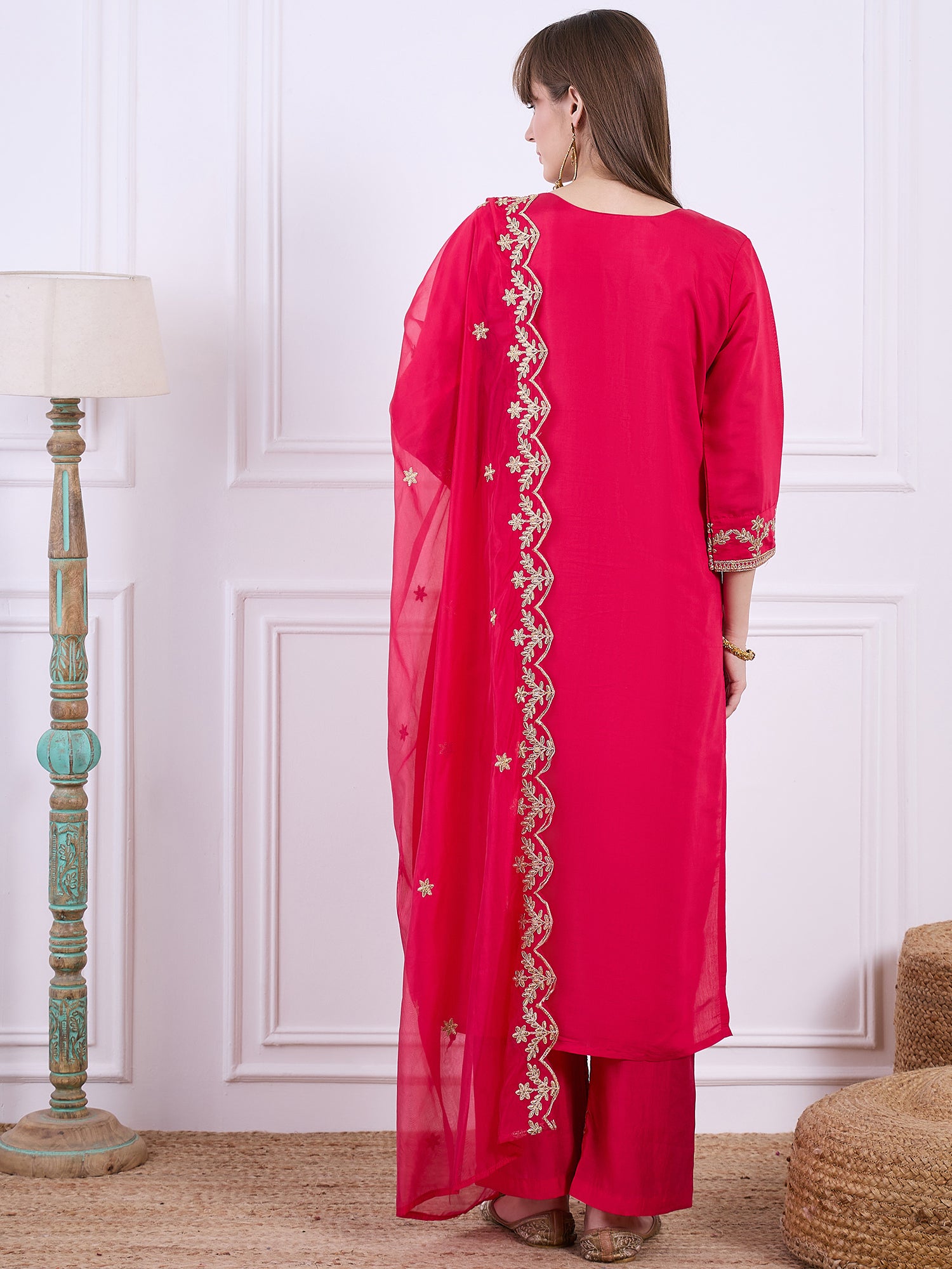 Heer Pink Floral Embroidered Thread Work Kurta with Palazzo & Dupatta Suits