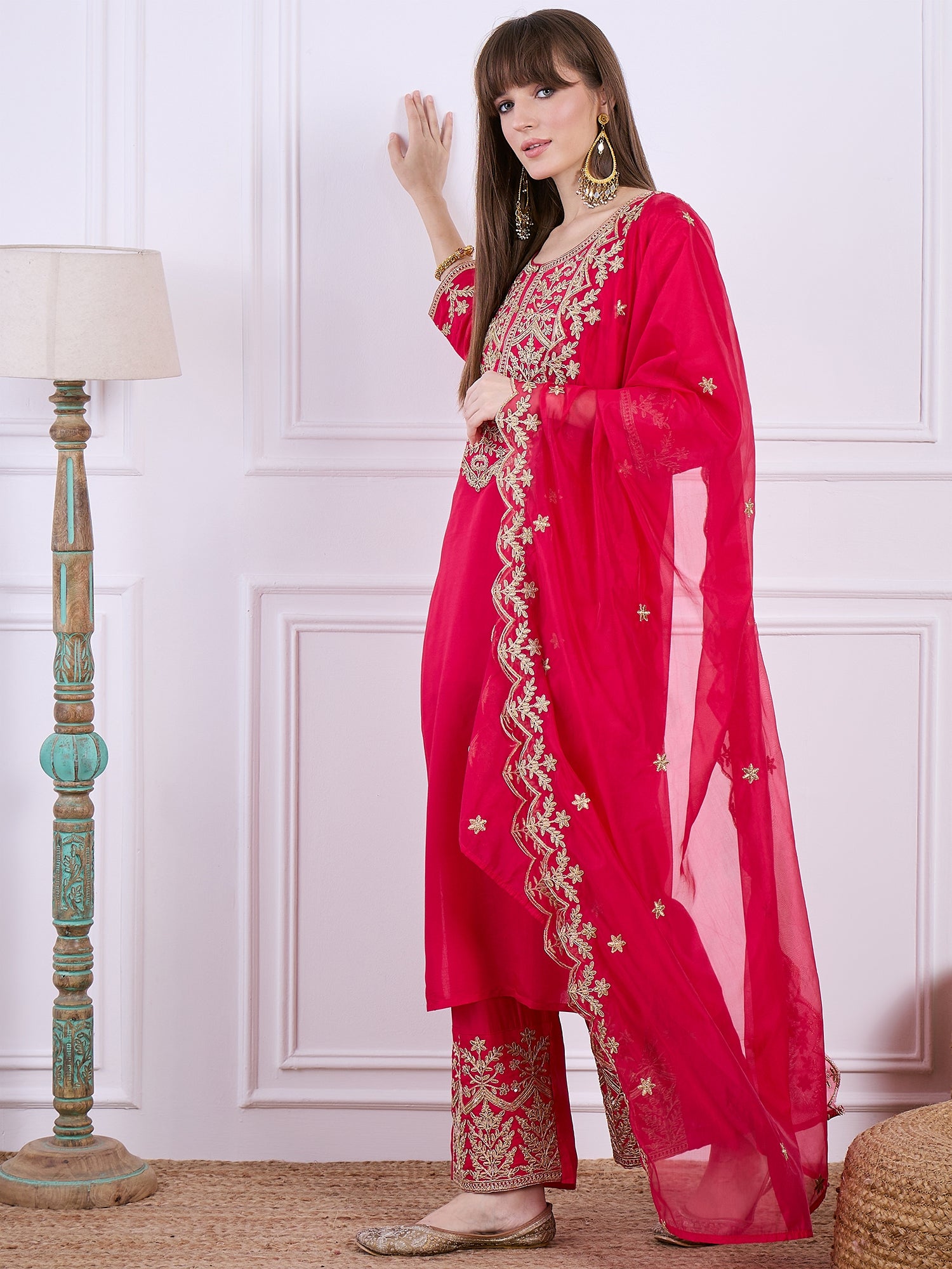 Heer Pink Floral Embroidered Thread Work Kurta with Palazzo & Dupatta Suits