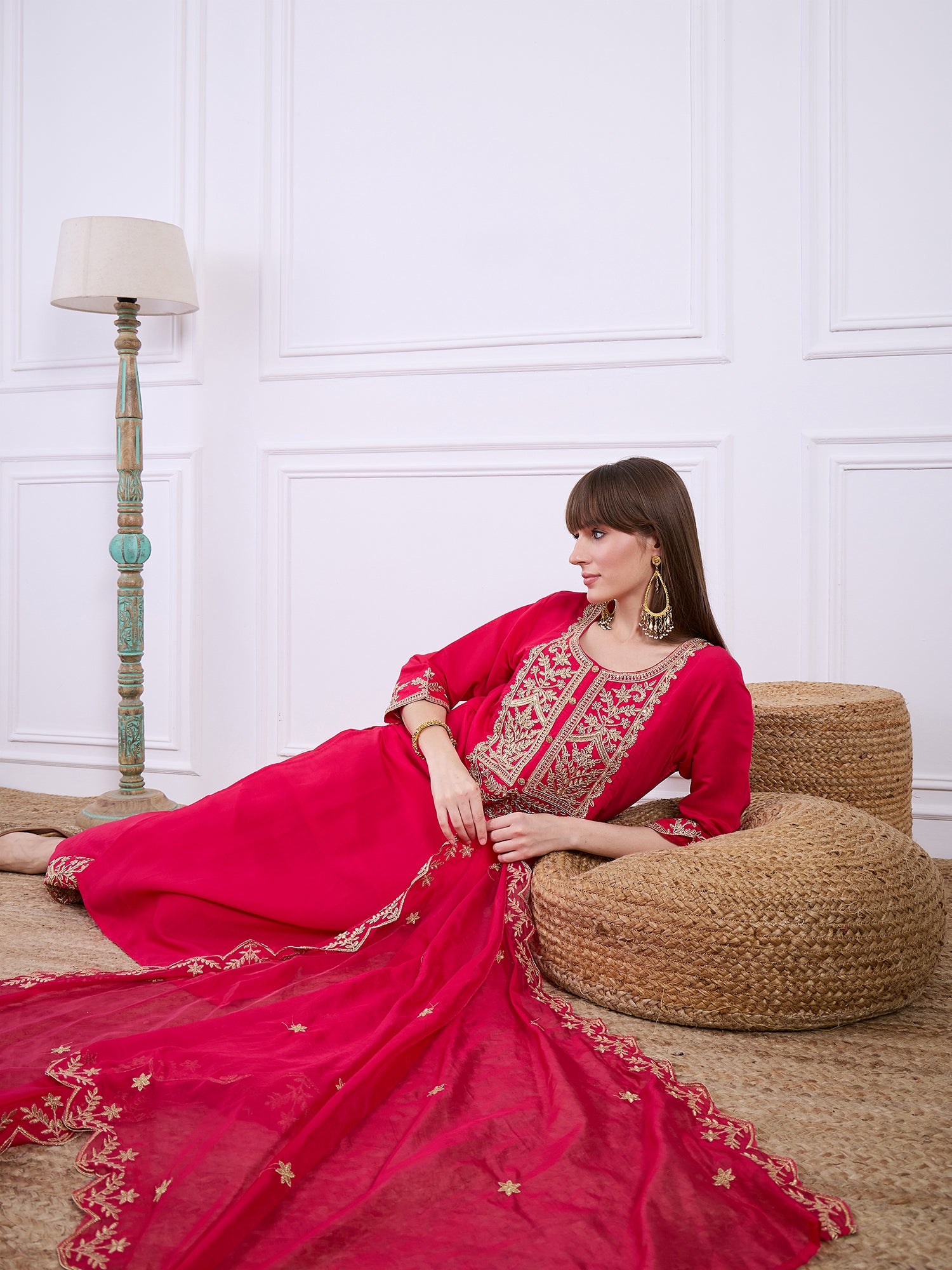 Heer Pink Floral Embroidered Thread Work Kurta with Palazzo & Dupatta Suits