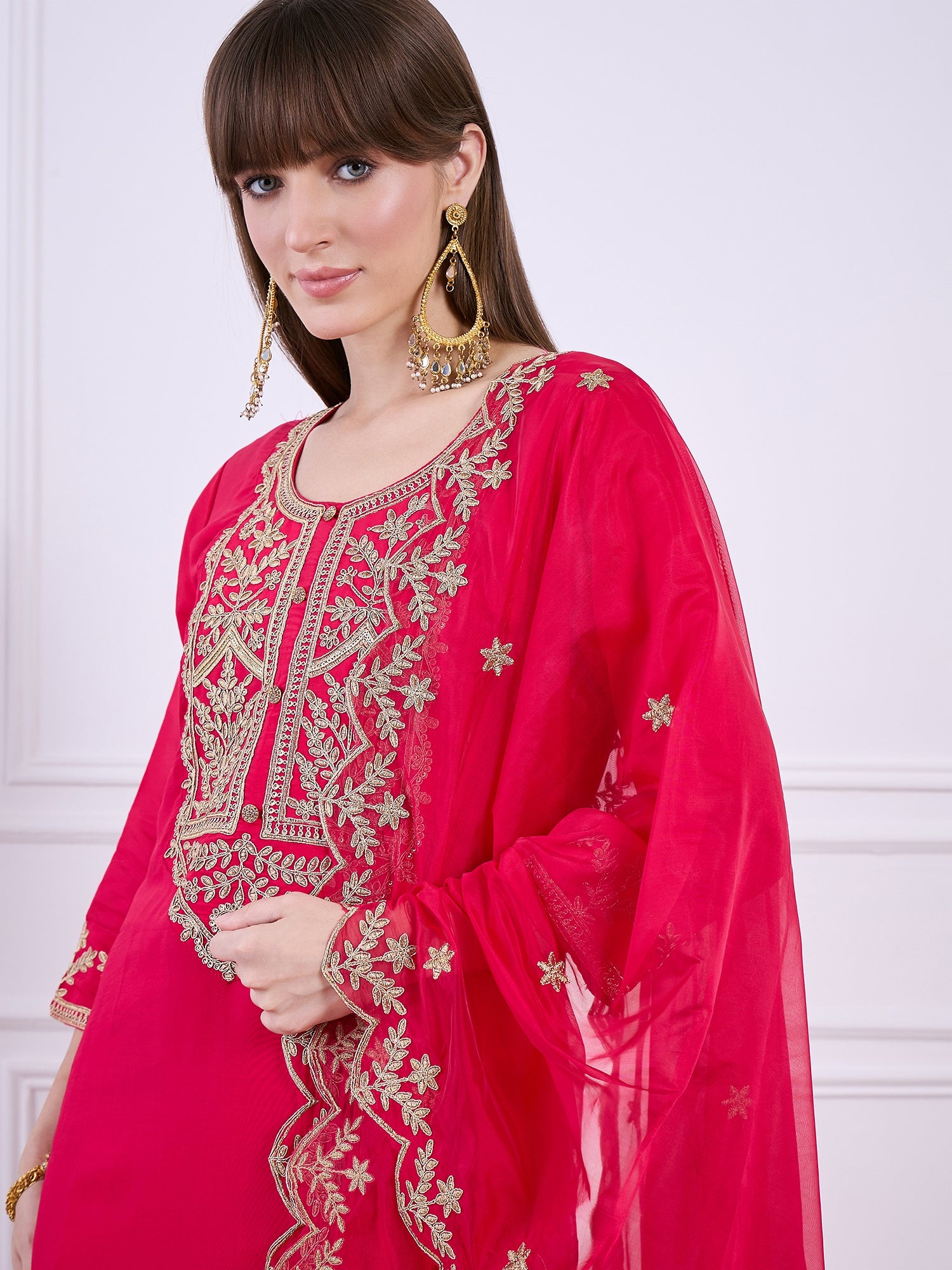 Heer Pink Floral Embroidered Thread Work Kurta with Palazzo & Dupatta Suits
