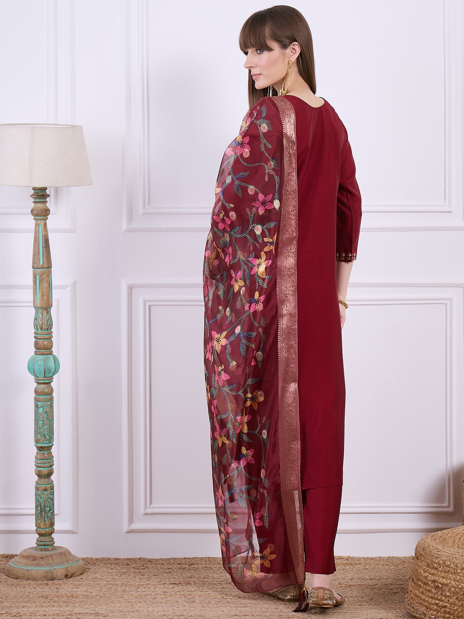 Bhuvika Beads Embroidered Maroon Women Kurta Sets With Dupatta Straight Suits
