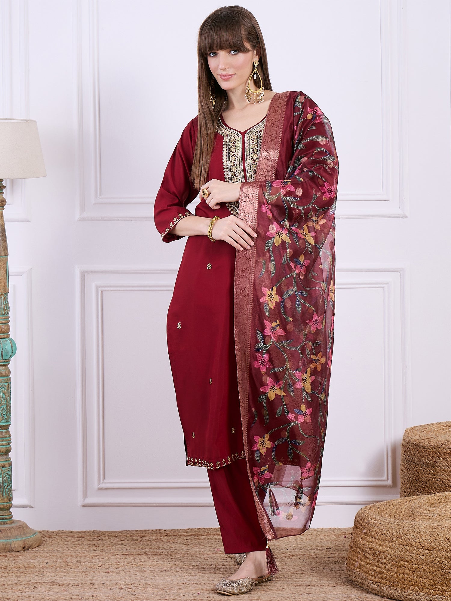 Bhuvika Beads Embroidered Maroon Women Kurta Sets With Dupatta Straight Suits