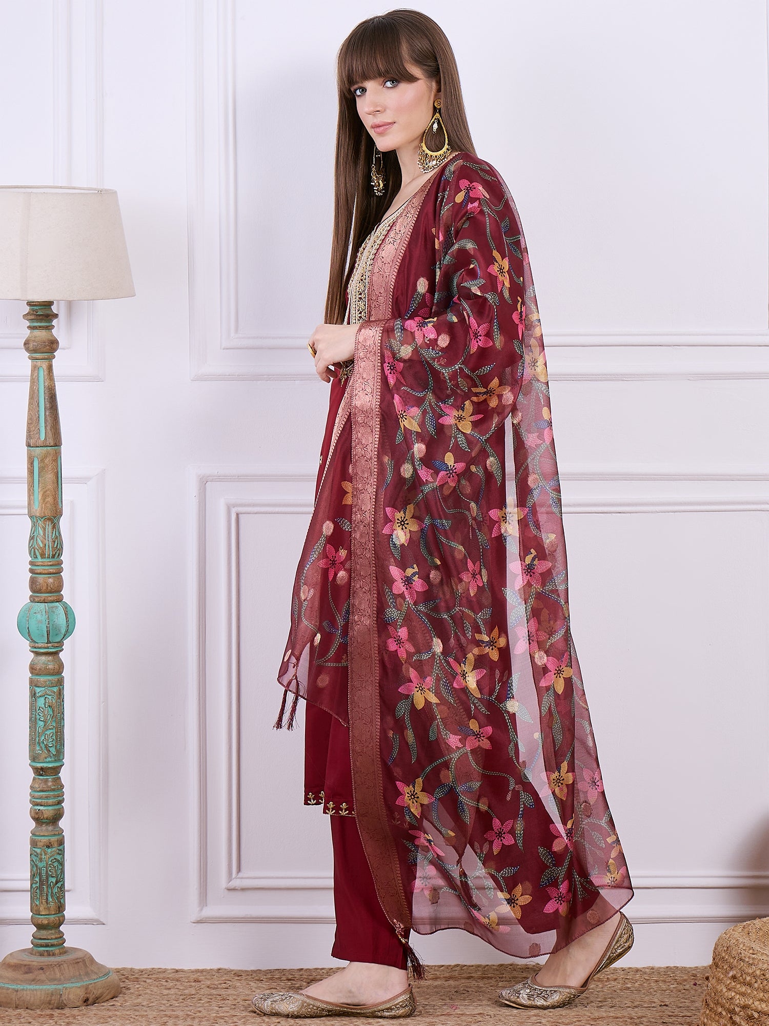 Bhuvika Beads Embroidered Maroon Women Kurta Sets With Dupatta Straight Suits