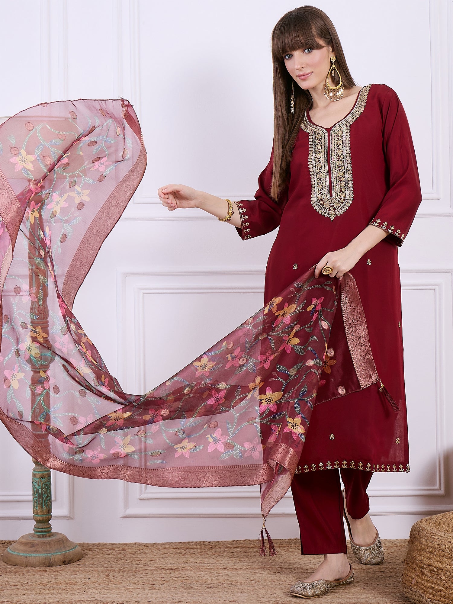 Bhuvika Beads Embroidered Maroon Women Kurta Sets With Dupatta Straight Suits
