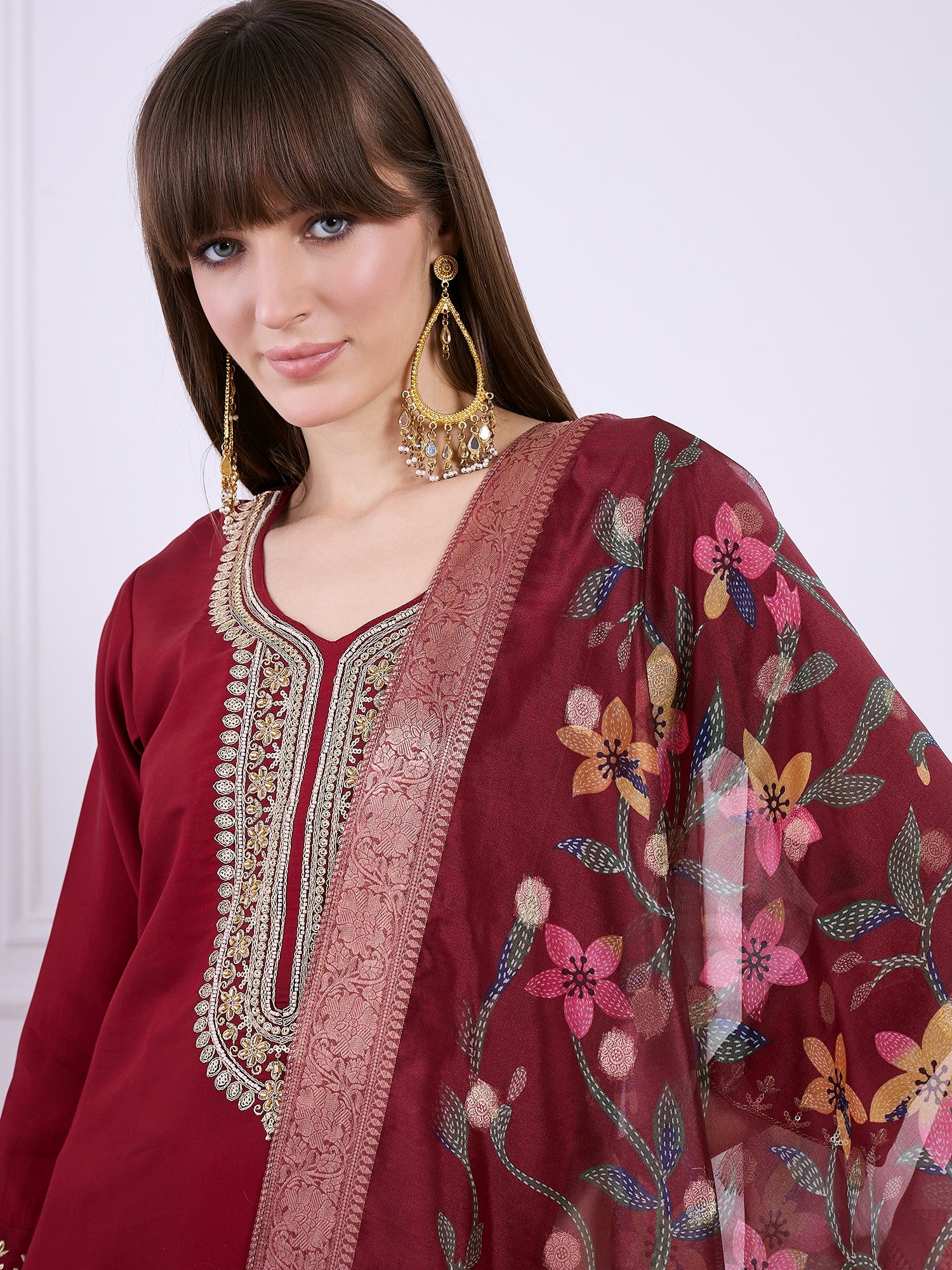 Bhuvika Beads Embroidered Maroon Women Kurta Sets With Dupatta Straight Suits
