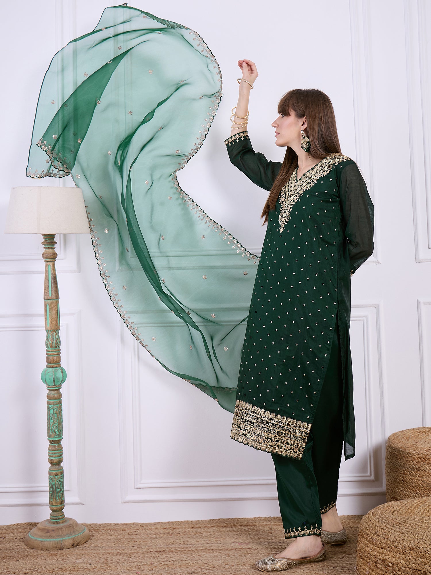 Deepa Women’s Embroidered Chanderi Silk Kurta & Pant Set – Ready-to-Wear Festive Outfit